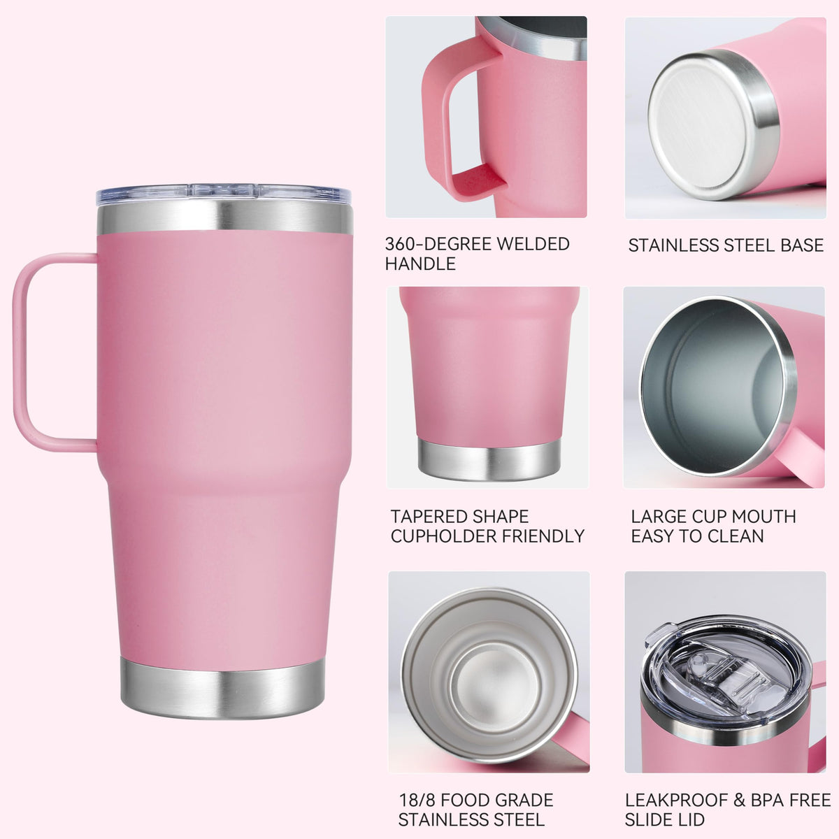 20 oz Stainless Steel Tumbler with Handle Bulk Metal Insulated Tumblers Travel Coffee Mug with Handle Double Wall Tumbler Cup with Lid and Straw (12 Count)