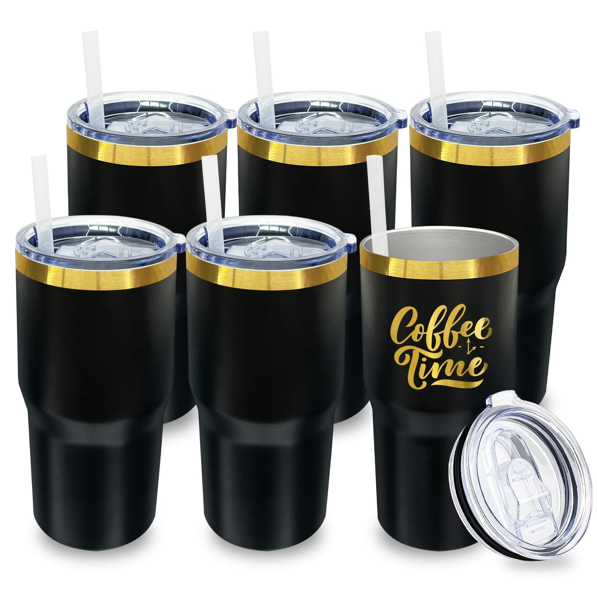 20 oz Tumbler Bulk Stainless Steel Tumblers with Lids and Straws Black (6 Count)