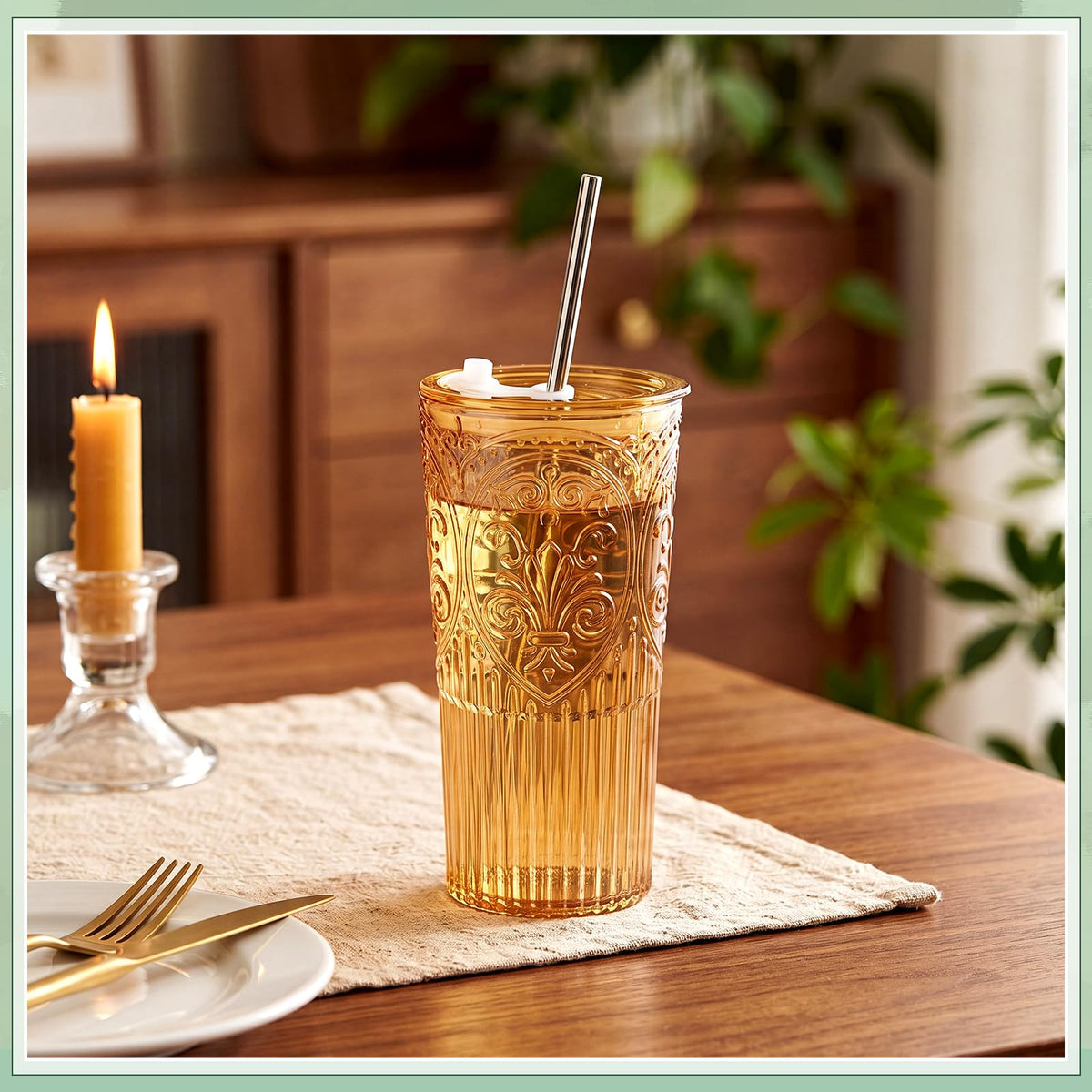 4 Set 20oz Vintage Plastic Tumbler with Lids and Straws Ribbed Floral Drinking Glasses Reusable Iced Coffee Cups for Water Juice Smoothie Cocktail Travel Party Events Gift (4 Count)