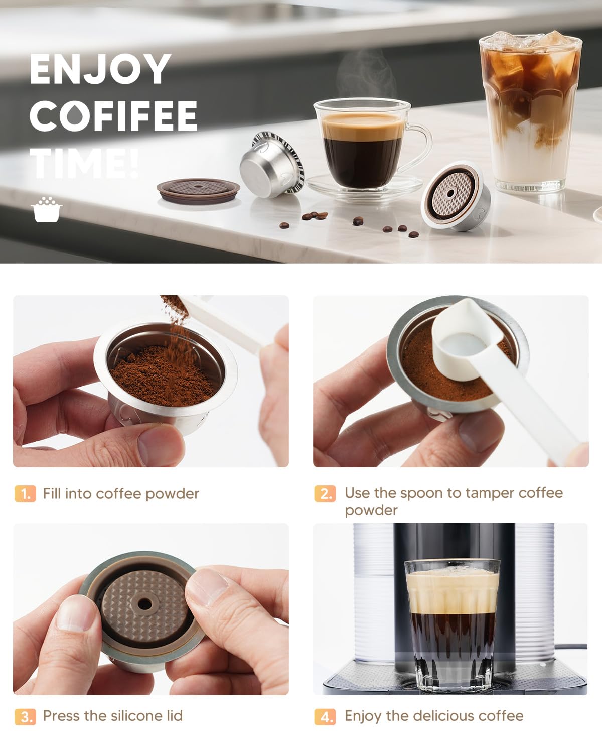 2.7oz（80ml）Double Espresso Refillable Coffee Capsule Compatible with Nespresso Vertuo Machines