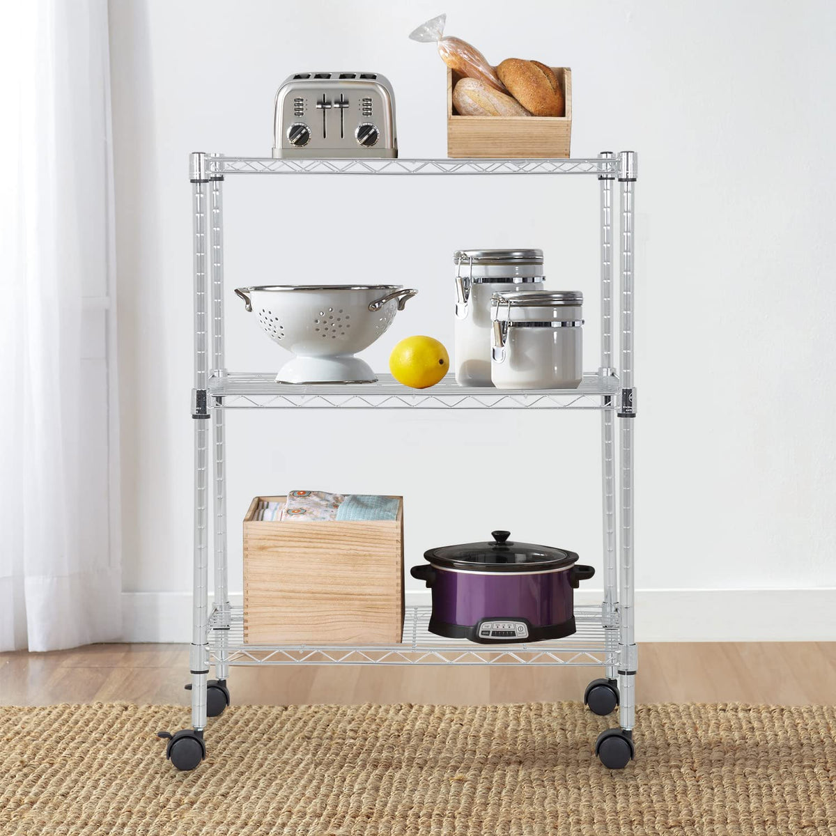 3 Tier Wire Shelving Metal Storage Shelves 23L x 13W x 32H Layer Storage Shelves with Wheels for Kitchen Garage Small Places