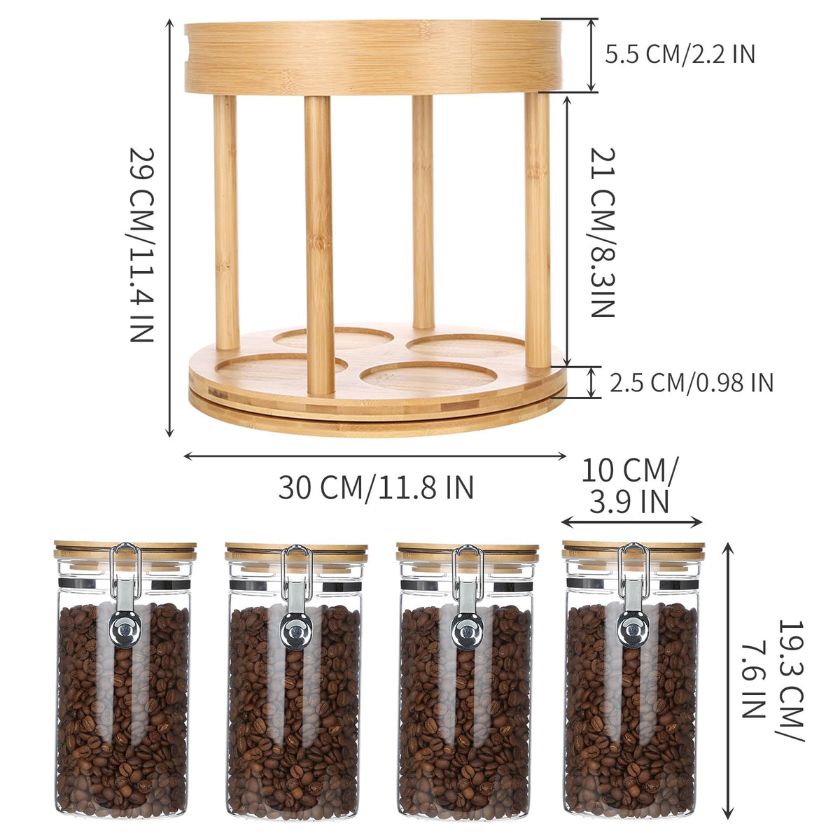 KKC 360° Rotating Tea Bar Organizer with 4 Glass Tea Storage Jars & Bamboo Lazy Susan