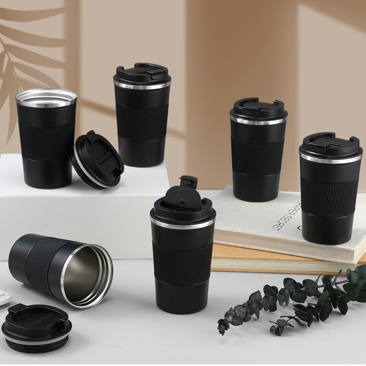 6 Pcs 12 oz Travel Coffee Mug with Lid Leakproof Coffee Tumbler Bulk Insulated Cup Stainless Steel Mug Reusable for Hot Cold Drink Tea (6 Count)