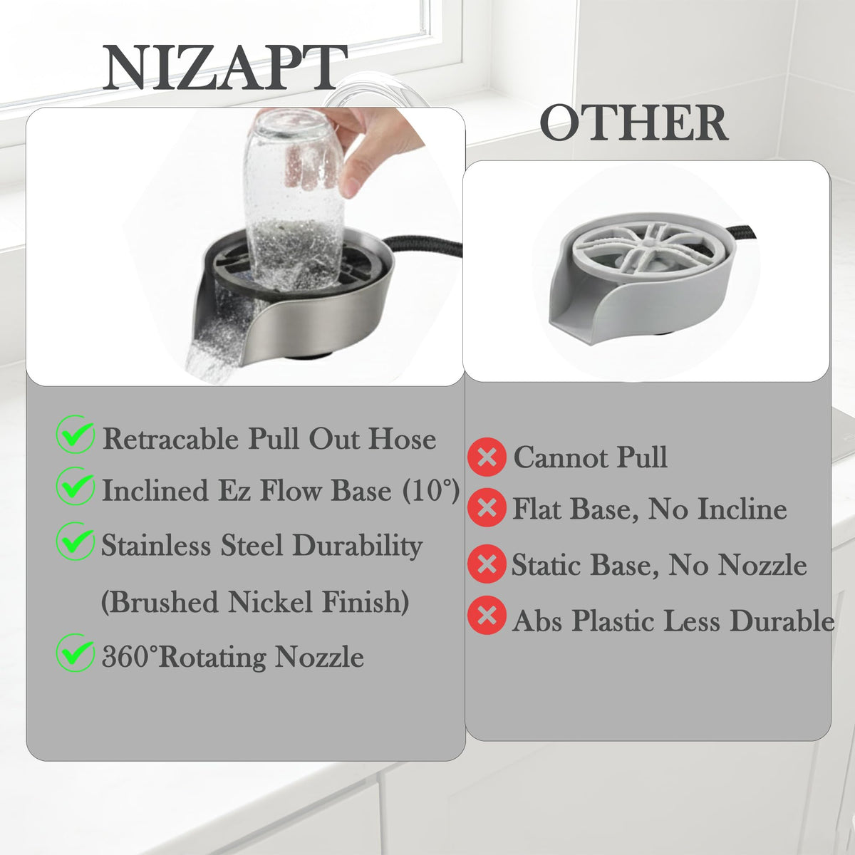 Kitchen Sink Glass Rinser 360° Rotating Cup Washer With Pull Out Spray Gun