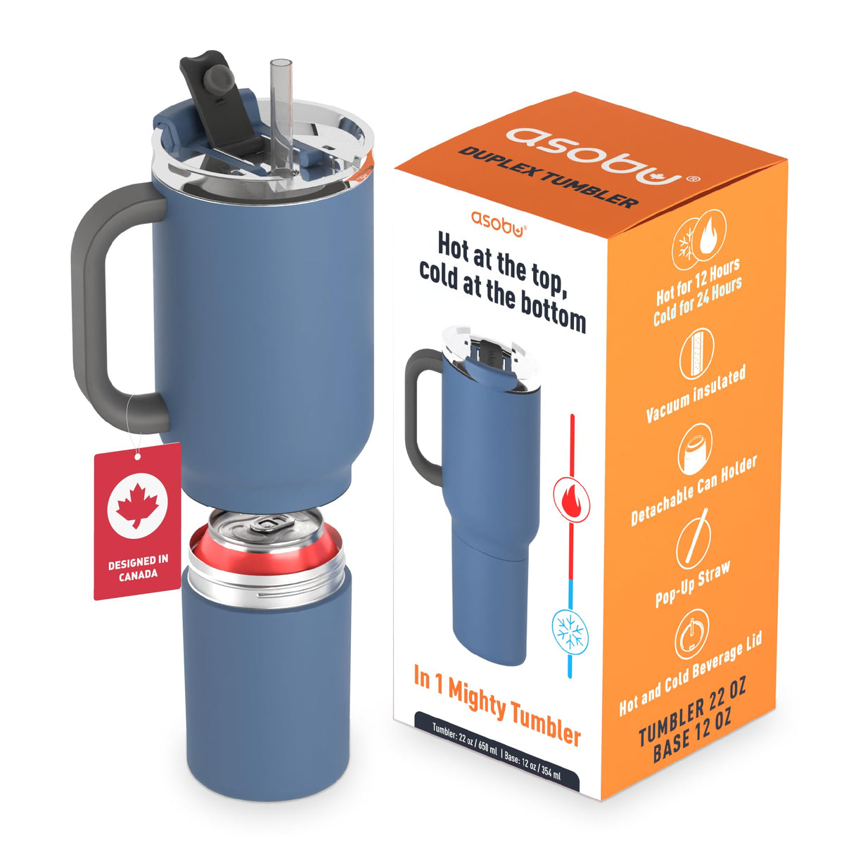 DUPLEX 2-in-1 Travel Mug and Beer Can Holder Enjoy hot and cold drinks simultaneously -22 oz Hot Coffee or Tea Tumbler with Attached 12 oz Cold Can Holder for Beer or Soda, Slate Gray