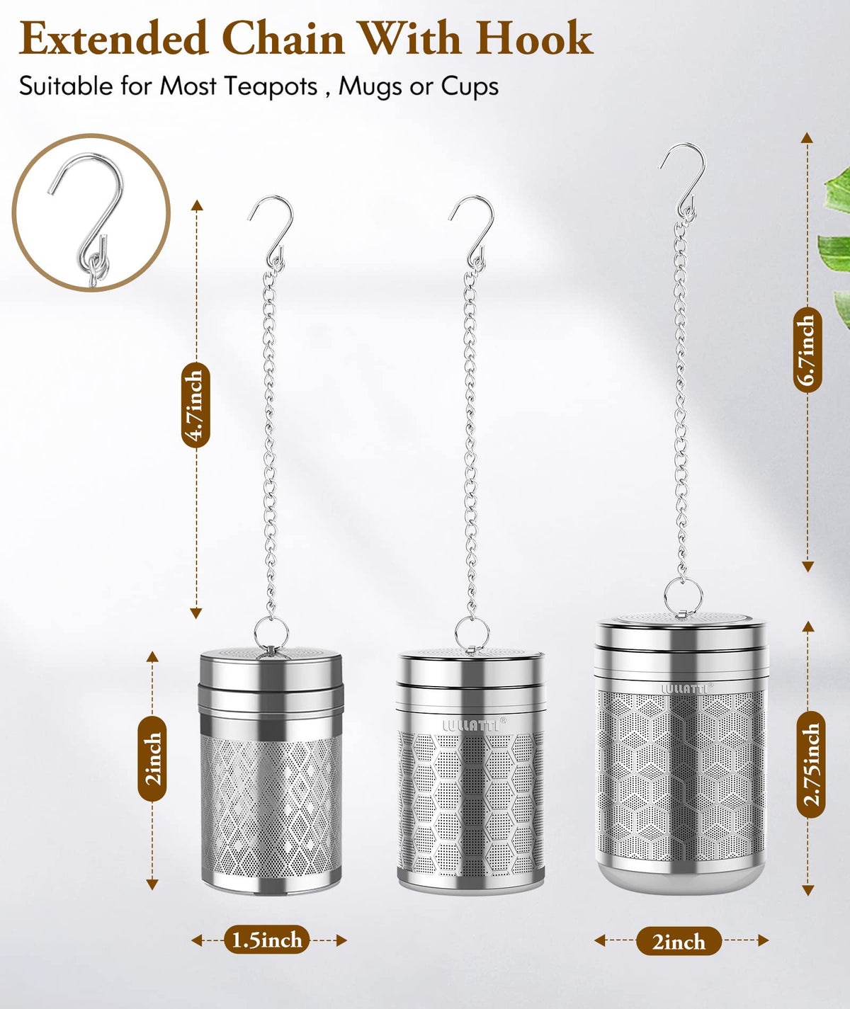 2+1）Pack 304 Steel Fine Mesh Tea Infusers for Loose Leaf Tea