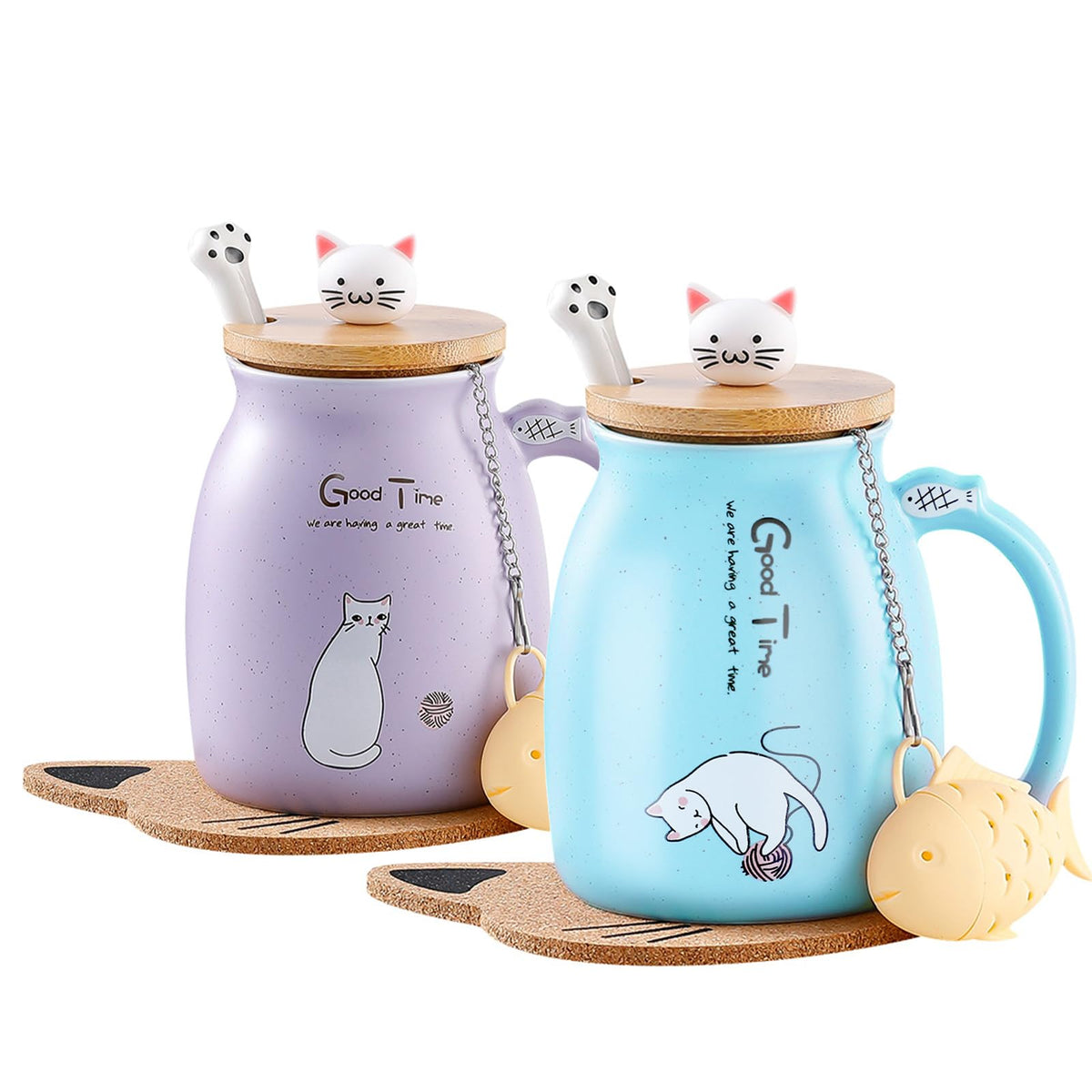 2Pcs Kawaii Tea Cup with Infuser Ceramic Cat Mug Cute Mugs Coffee Mugs Gifts for Cat Lovers Cute Cool Preppy Stuff Mother's Day Gifts for Women 13oz