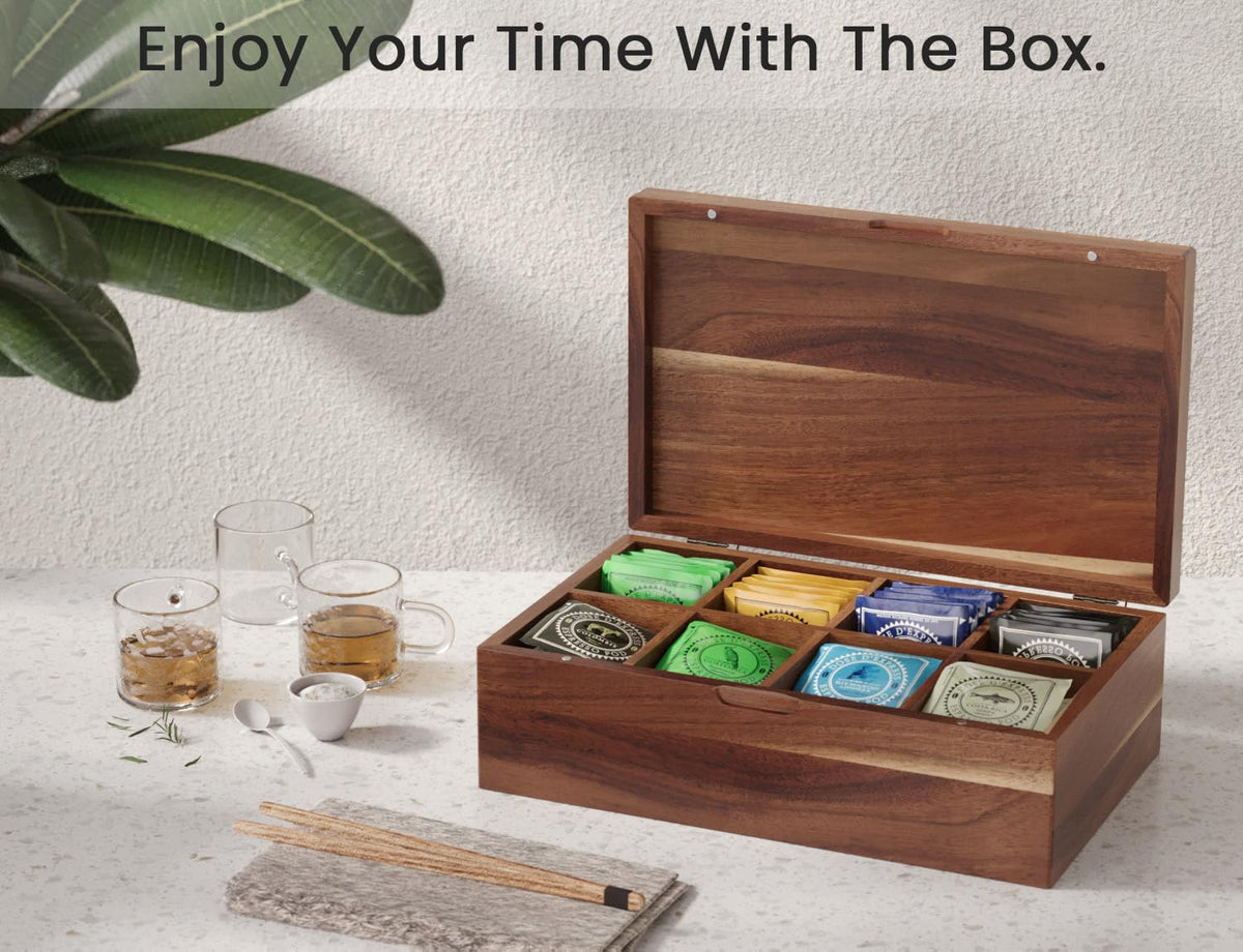 Acacia Wood Tea Bag Storage Box with 8 Compartments