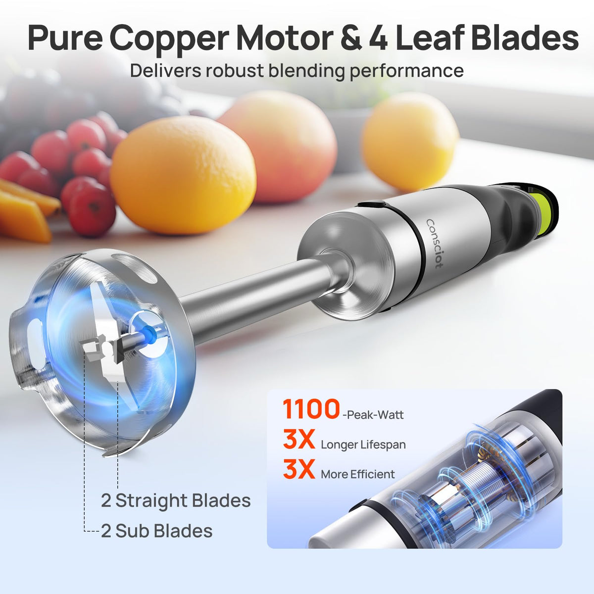 4-in-1 Immersion Blender Handheld Max 1100W, Trigger Speed Control