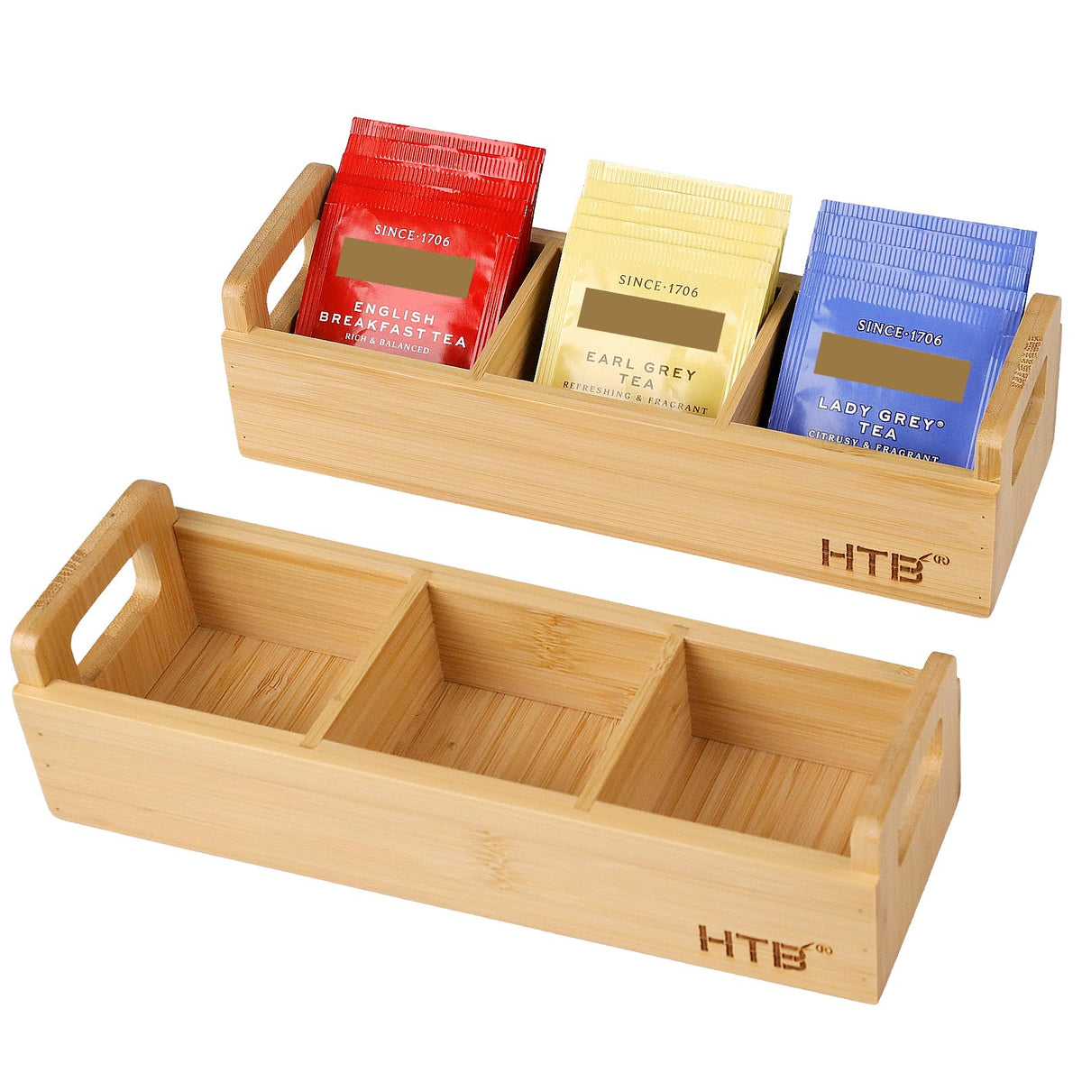 Small Bamboo Tea Bag Holder Pack of 2 with 3 Compartments