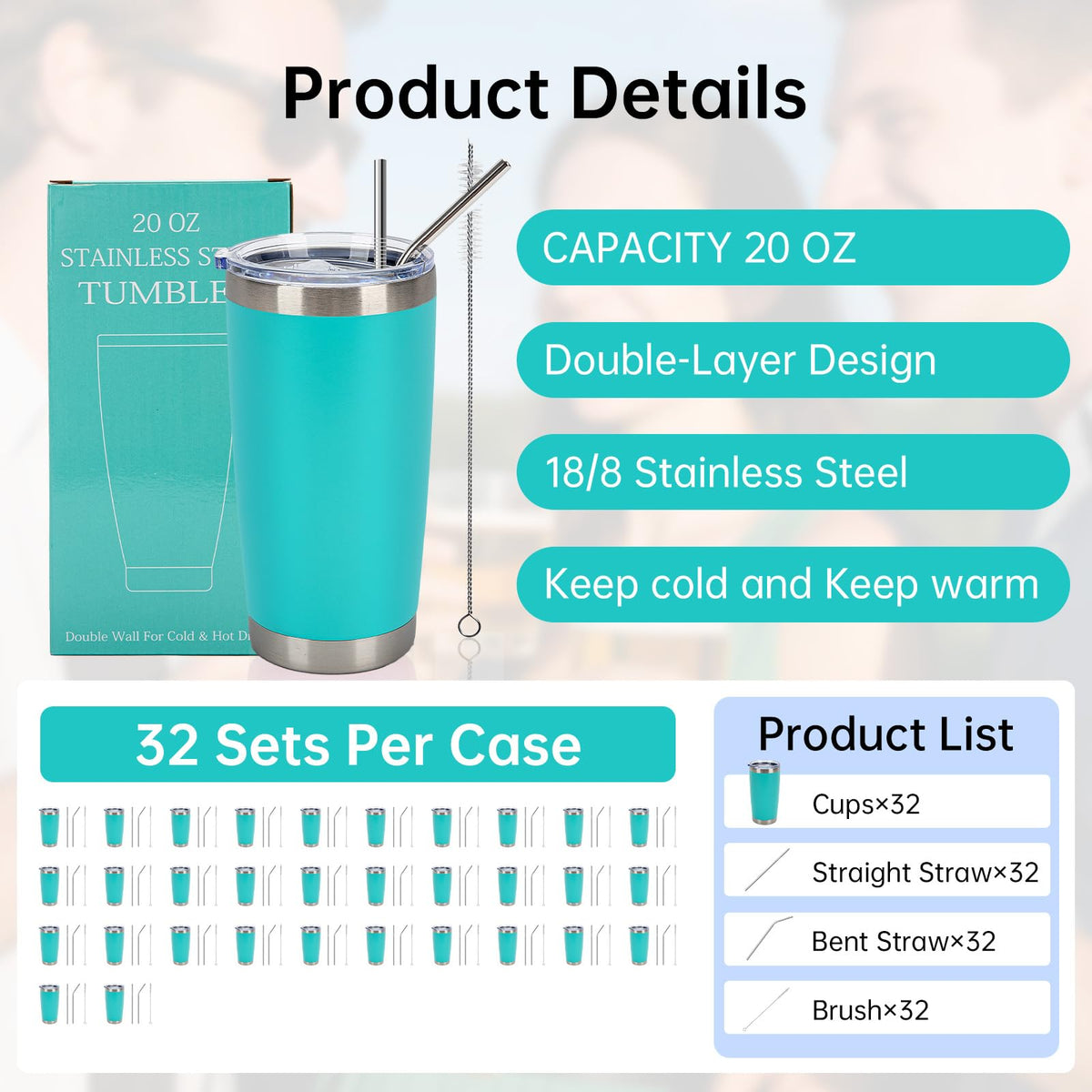 32 Pack 20oz Stainless Steel Insulated Bulk Tumblers with Lid&Straw (32 Count)