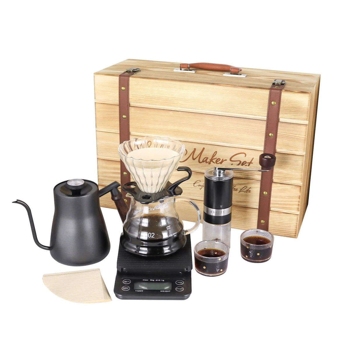 Pour Over Manual Coffee Maker Set 2 Cup Coffee Dripper with Wooden Suitcase Coffee Kettle Scale Bean Grinder All In 1 Traveling Camping Hiking