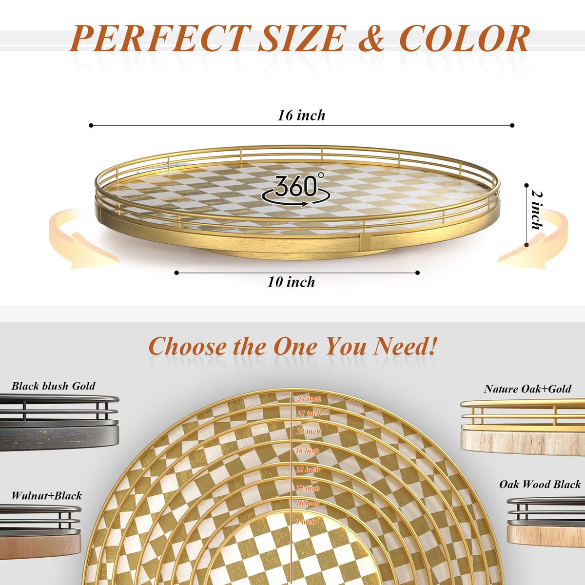 16 Inch Gold and White Checkerboard Lazy Susan with Rubberwood Base