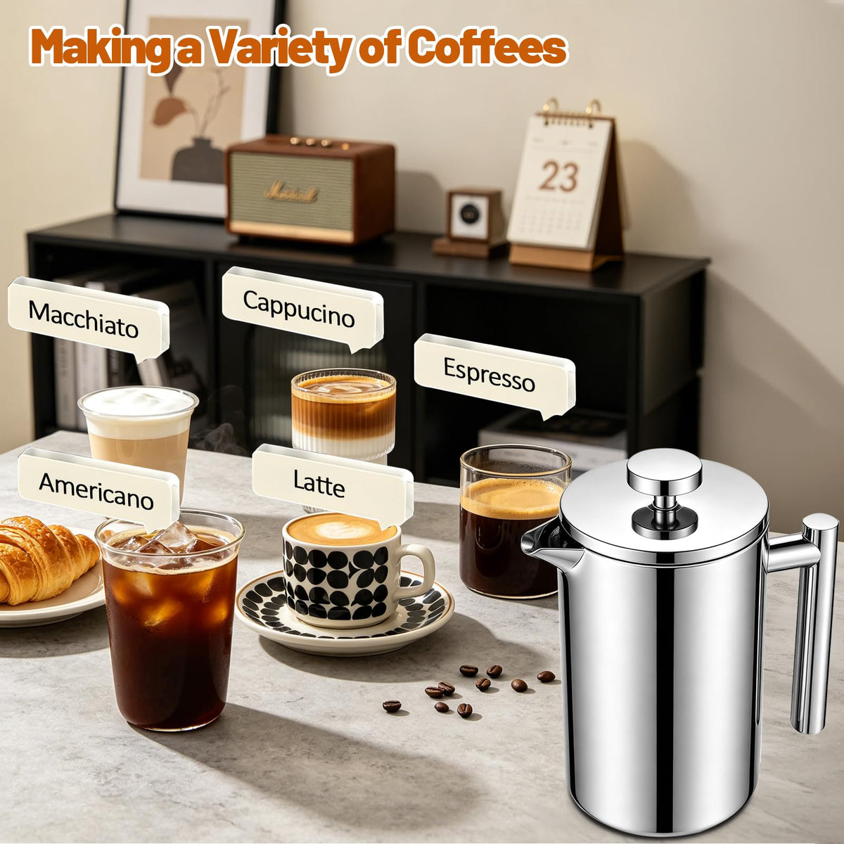 304 Thickened Stainless Steel 350ml French Press 11.83oz Moka Pot