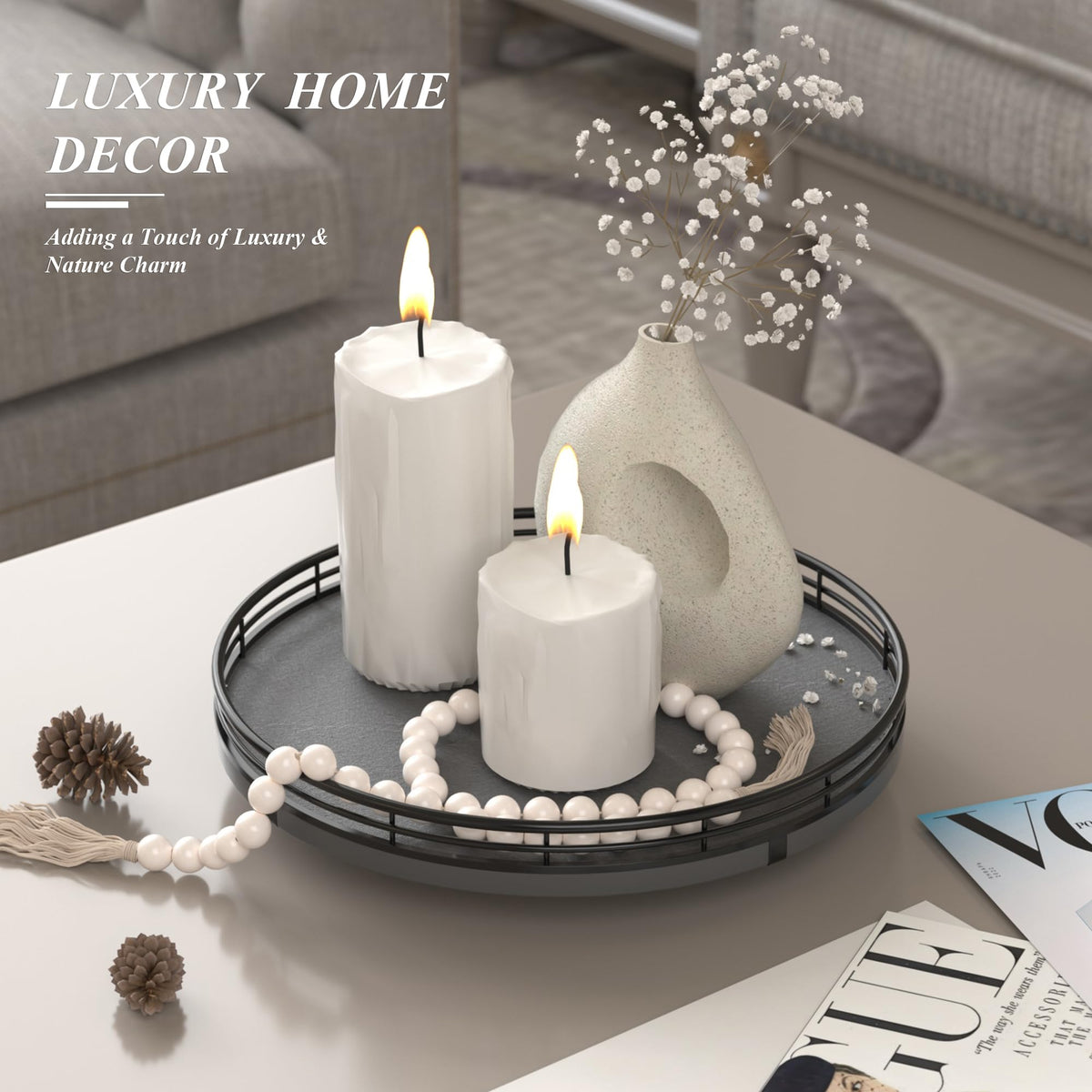 10 Inch Natural Slate Lazy Susan with Black Raised Iron Rim