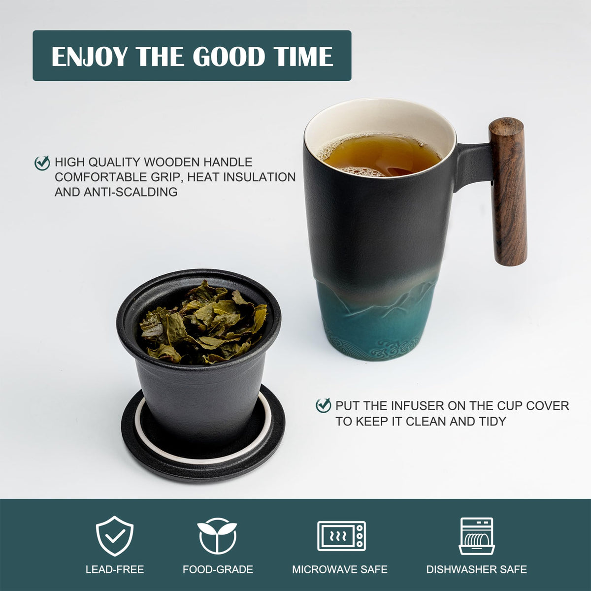 Ceramic Tea Cup with Infuser and Lid Tea Mugs Wooden Handle 400ml
