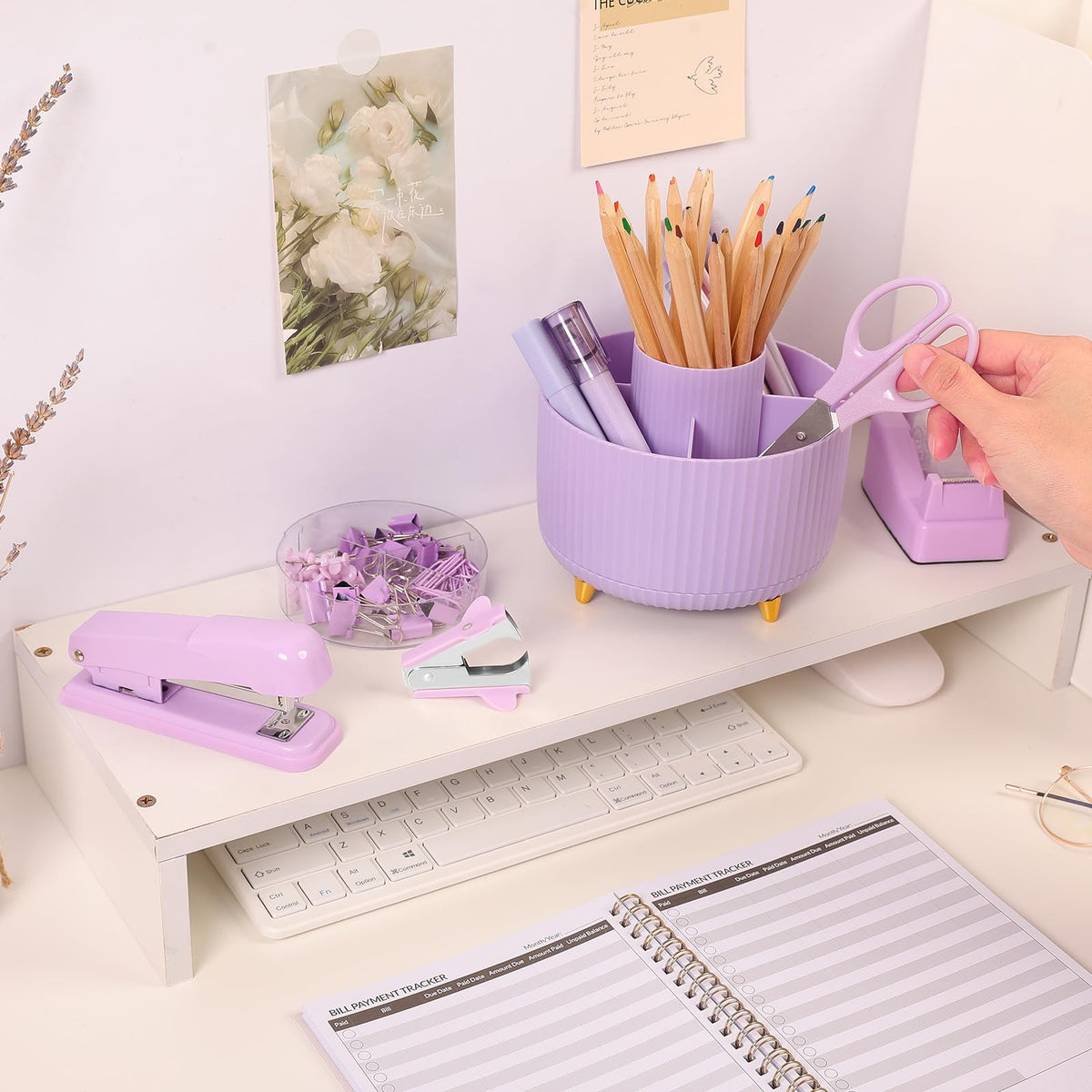 Purple Office Supplies Set with Pencil Holder for Desk