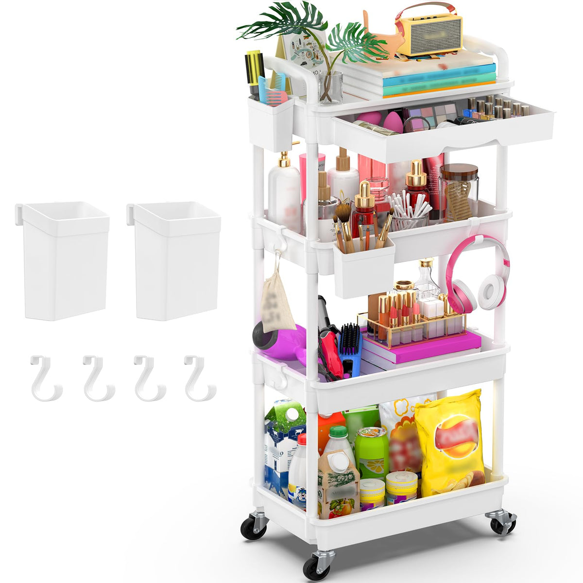 4 Tier Rolling Utility Cart Organizer with Removable Drawer