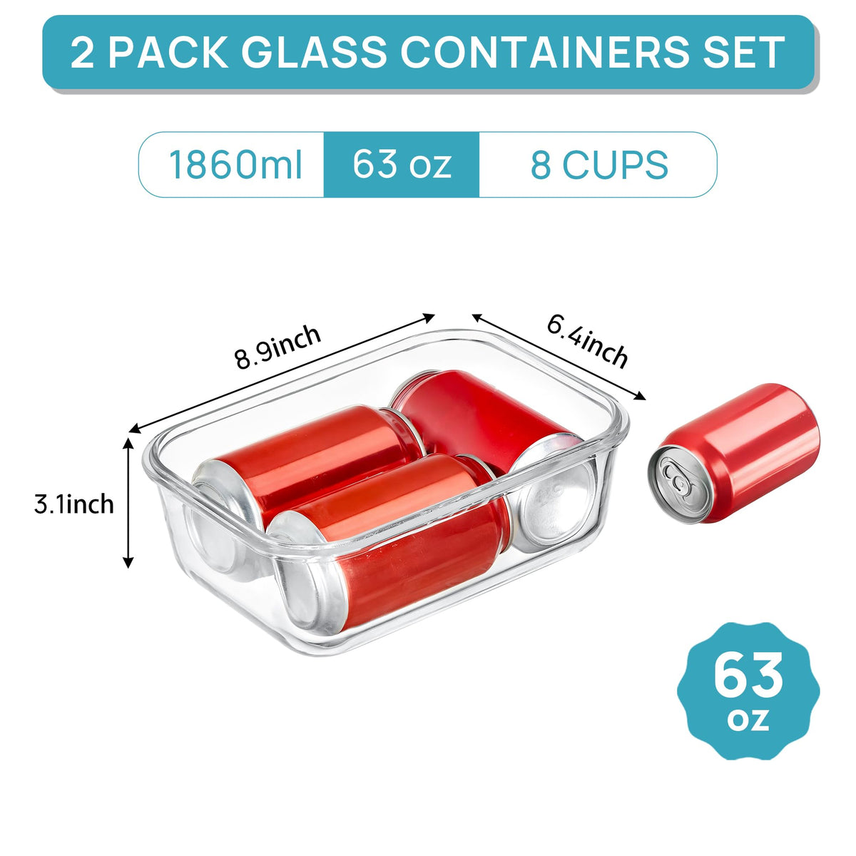 2Pack 1860ml 63oz Large Glass Storage Containers With Lids (2 Count)