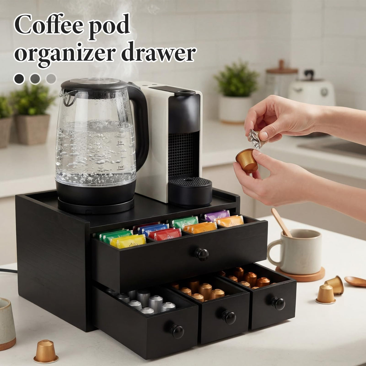Wooden Tea Box Organizer with Drawer Wooden Coffee Pod Organizer Tea and Coffee Storage Box Double Layer for Countertop Display Cup Drawer Storage Under Brewer
