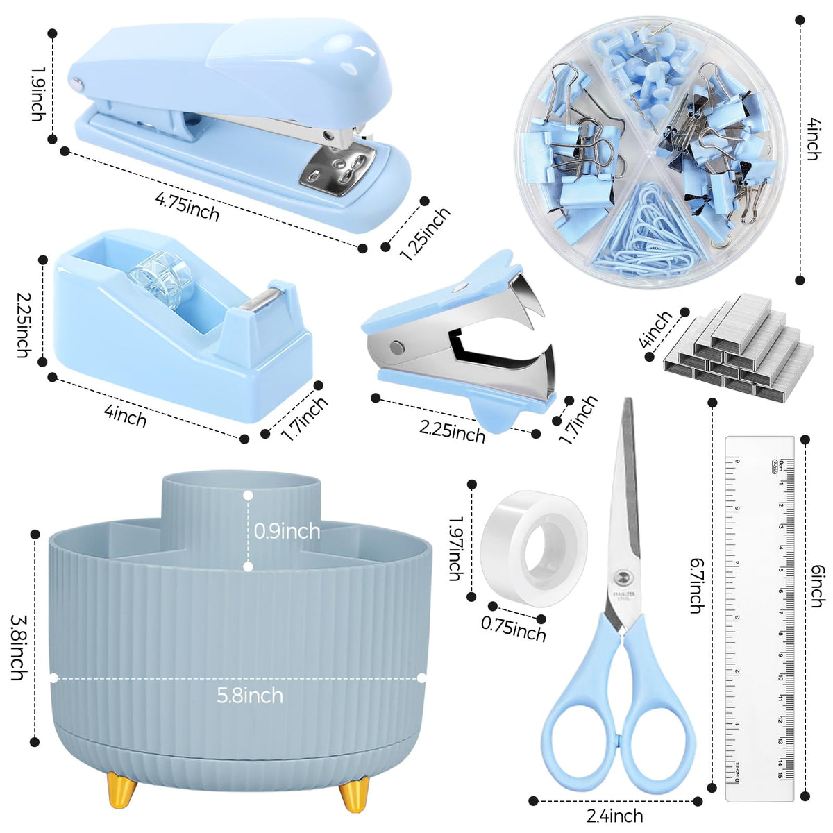 Blue Desk Accessories 11Pcs with Rotating Pen Holder for Desk