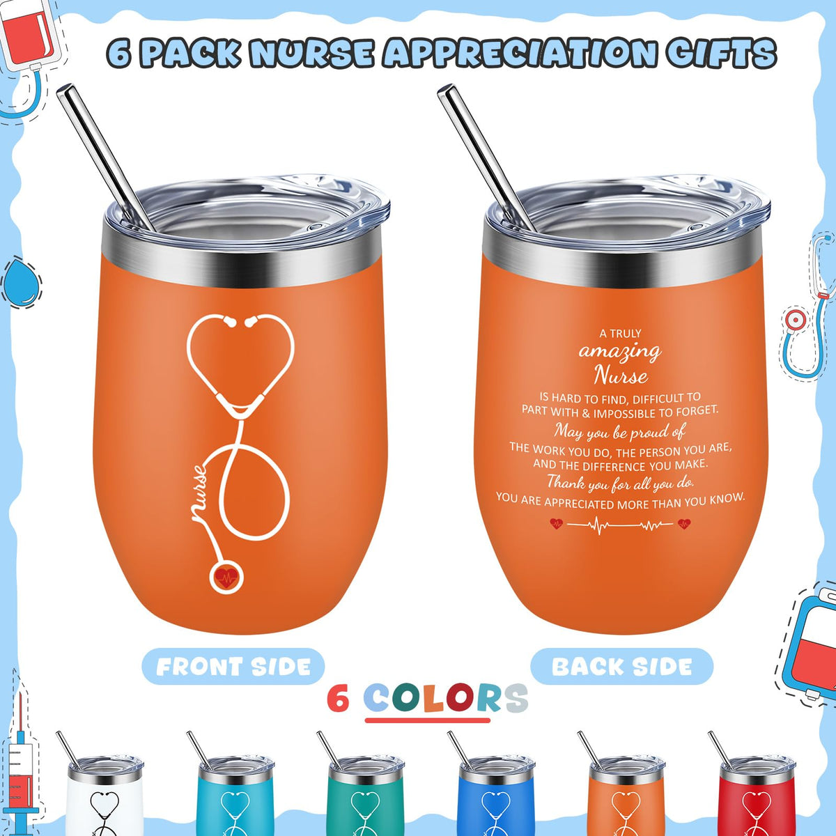 Nurse Week Gifts for Women Nursing Appreciation 12 oz Stainless Steel Wine Tumbler with Lid Insulated Coffee Mug Thank You Gift for CNA RN Students Graduation School (6 Count)