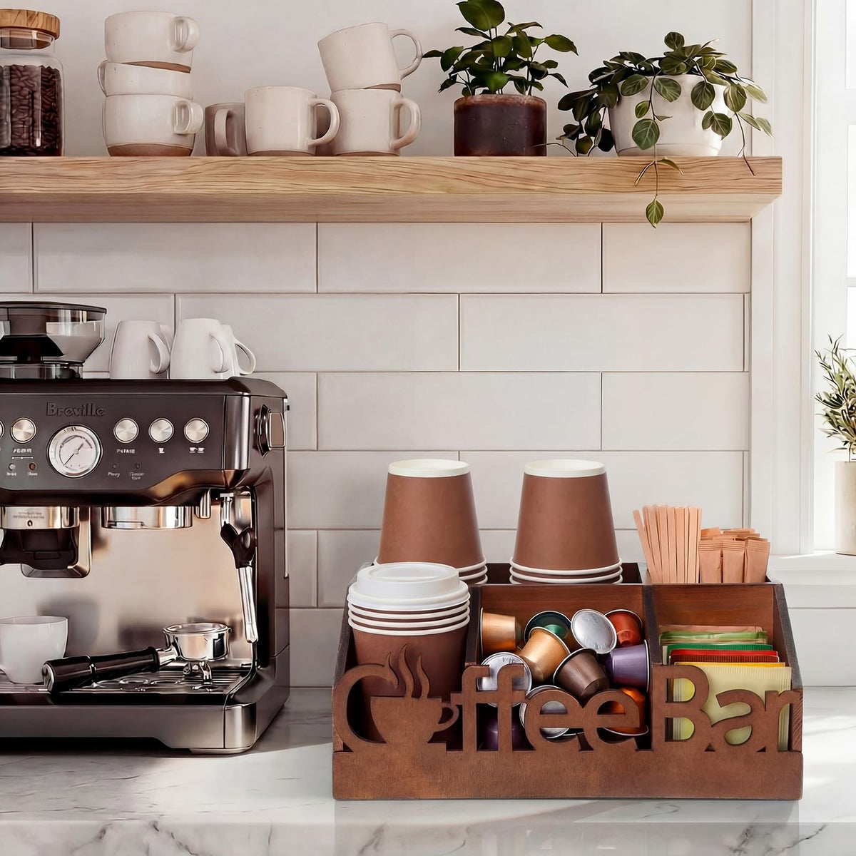 Coffee Station Organizer for Counter Wood Countertop Accessories Organizer Coffee Pods Holder Storage Basket for Pods Condiment Syrup Tea Cups Stirrers for Rustic Bar Decoration