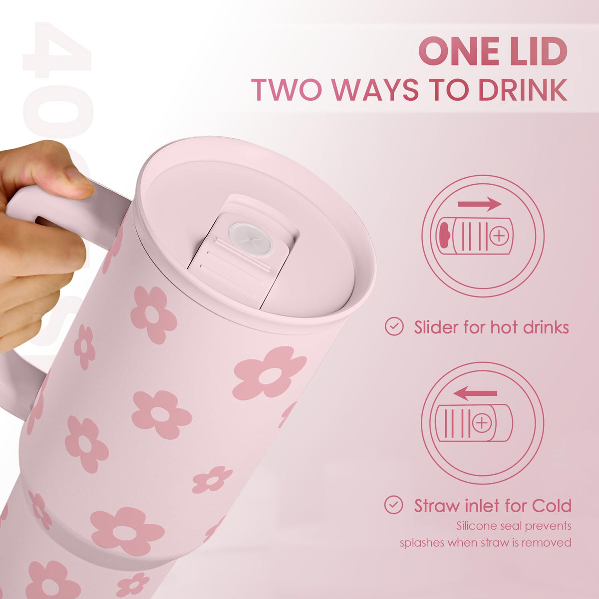 Floral Tumbler with Handle and Straw 40oz Stainless Sleel Slider Tumbler Travel Coffee Mug for Women