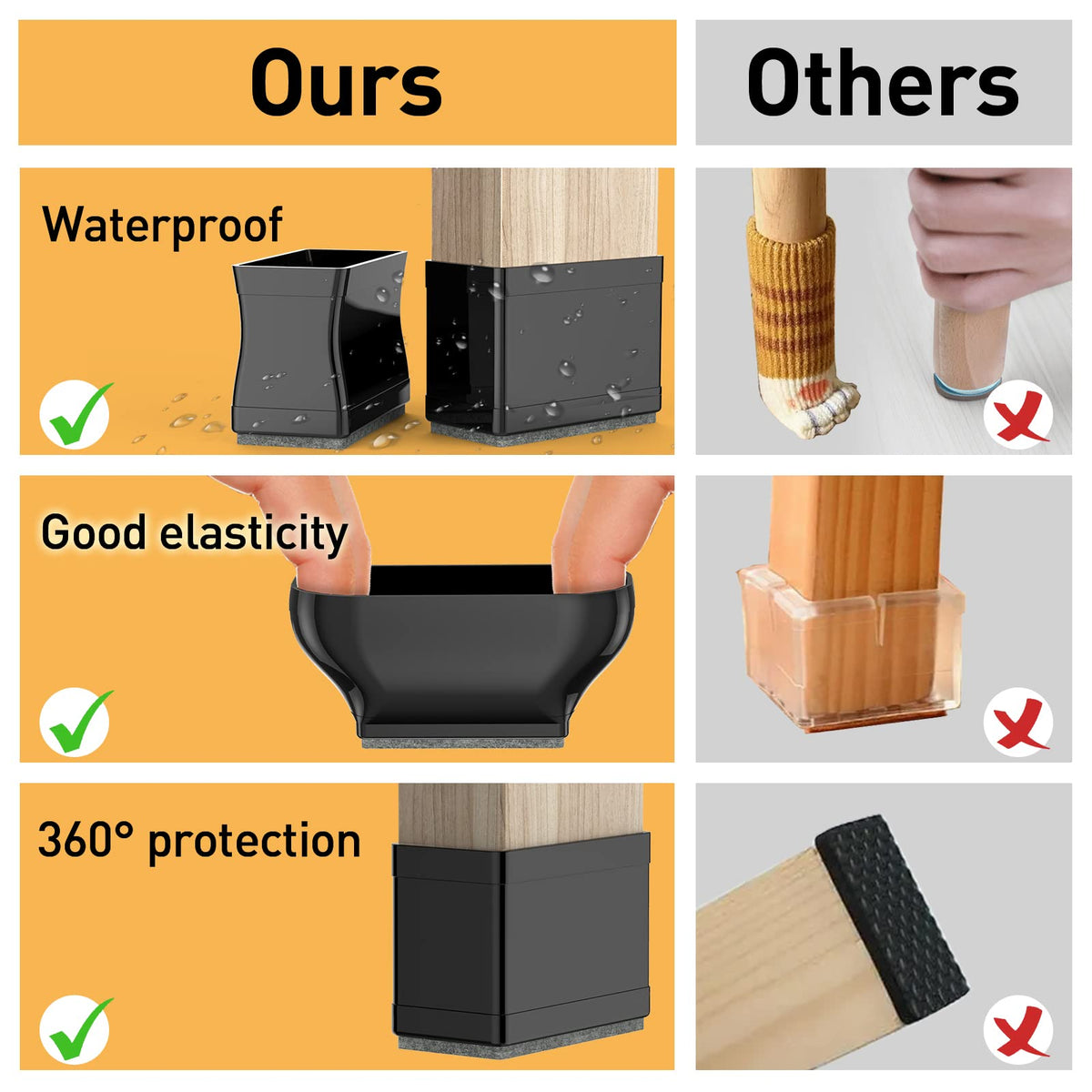 3/4" x 1 1/2" Rectangle Chair Leg Protectors for Hardwood Floors, Silicone Covers to Protect Wood Tile Floors Felt Pads Furniture Leg Caps Reduce Noise. Easy to Move. 16PCS Black. (24 Count)