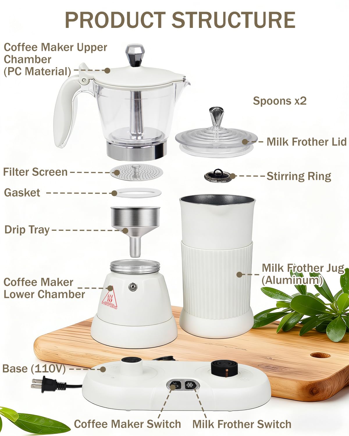 2-in-1 Milk Frother Electric Foam Maker and Moka Coffee Maker Espresso Maker 110V Electric Base Aluminum Frother Moka Pot 5oz 150ml Frothing Easy Brewing Latte Cappuccino Home Gift White