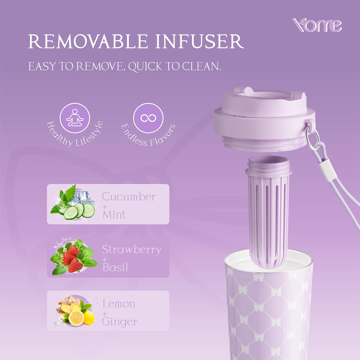 17oz Purple Bow Ceramic Lined Insulated Coffee Mug with Infuser for Women