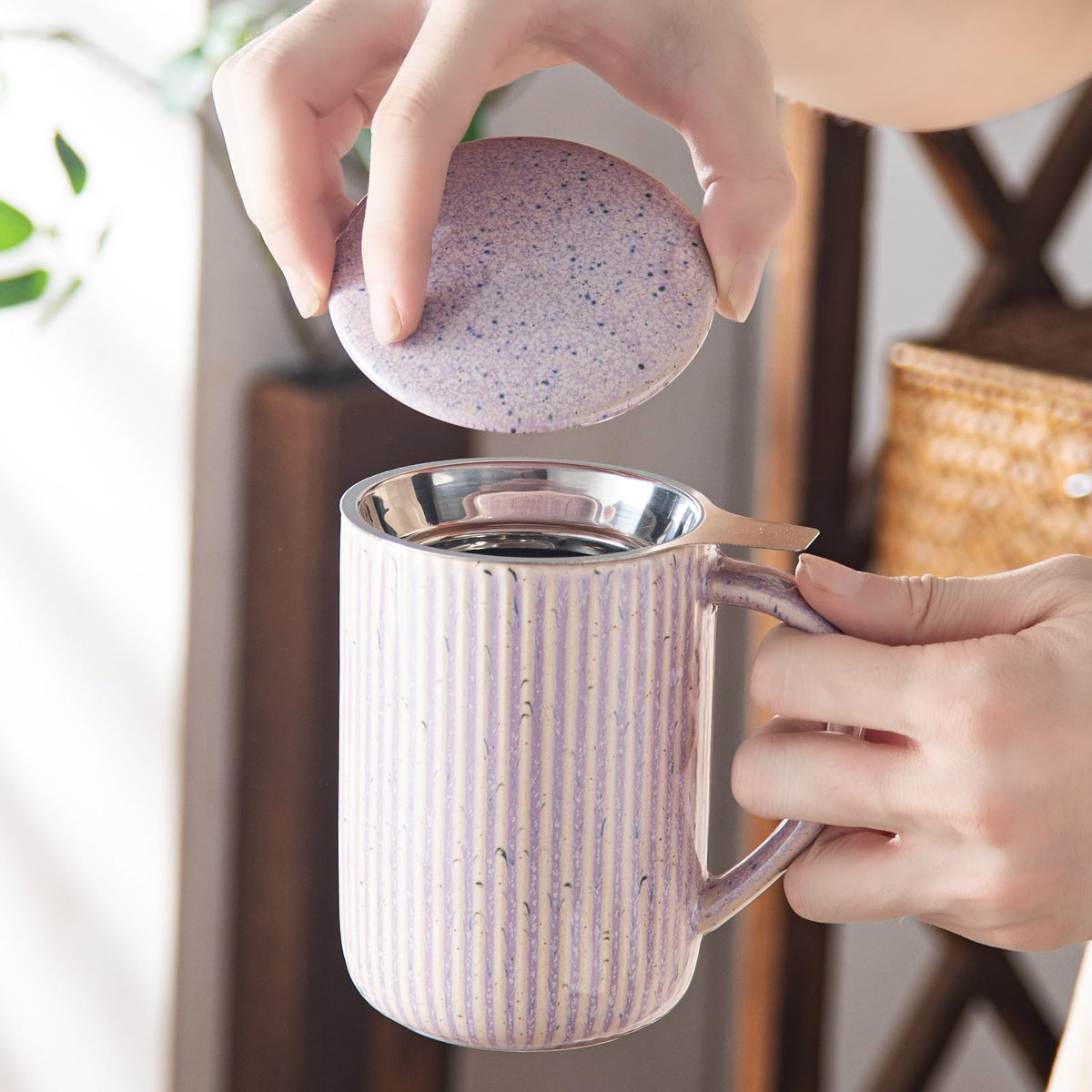 15.5oz 470ml Flambe Purple Ceramics Teacups with Infuser and Lid