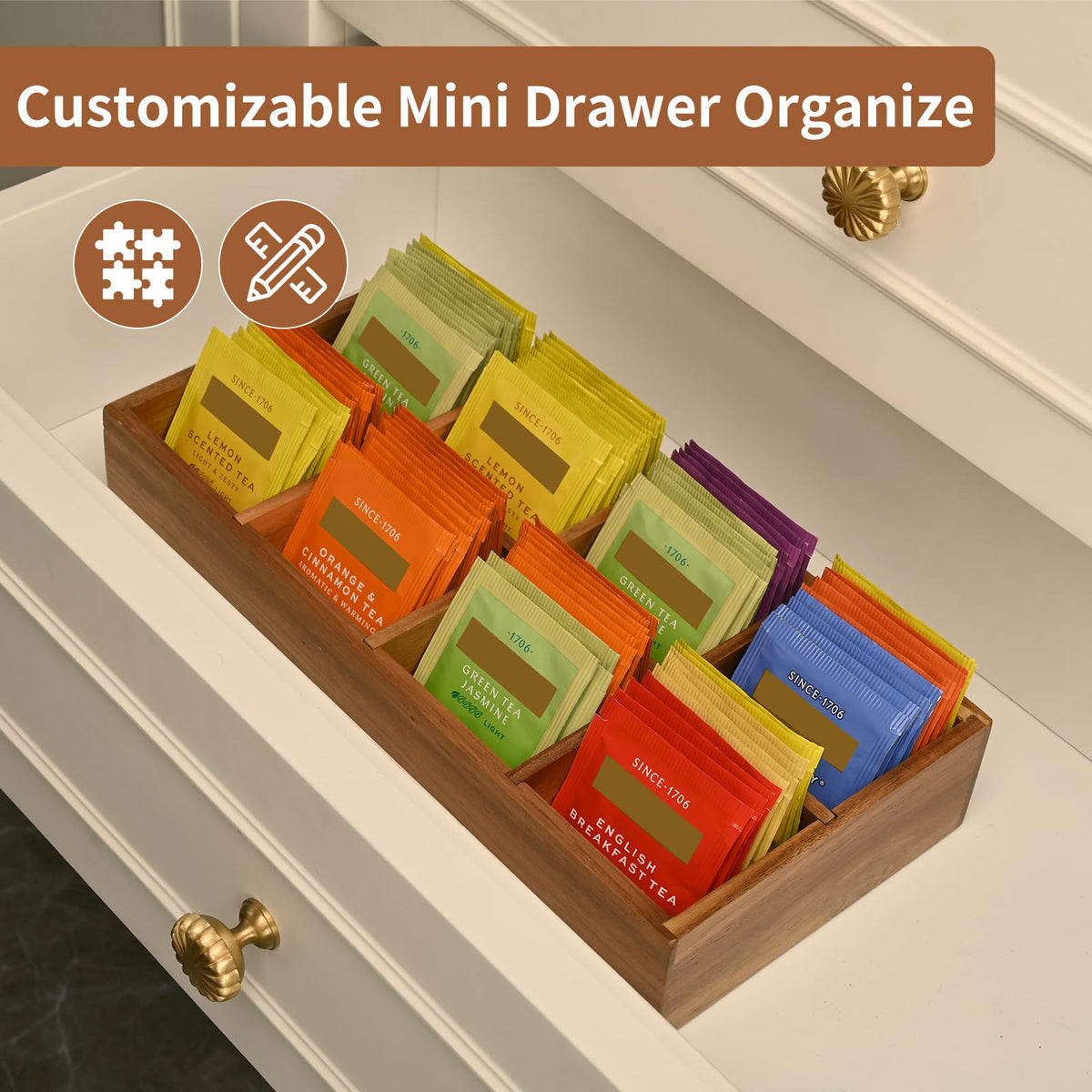 Acacia Wood Tea Bag Organizer with 8 Slots