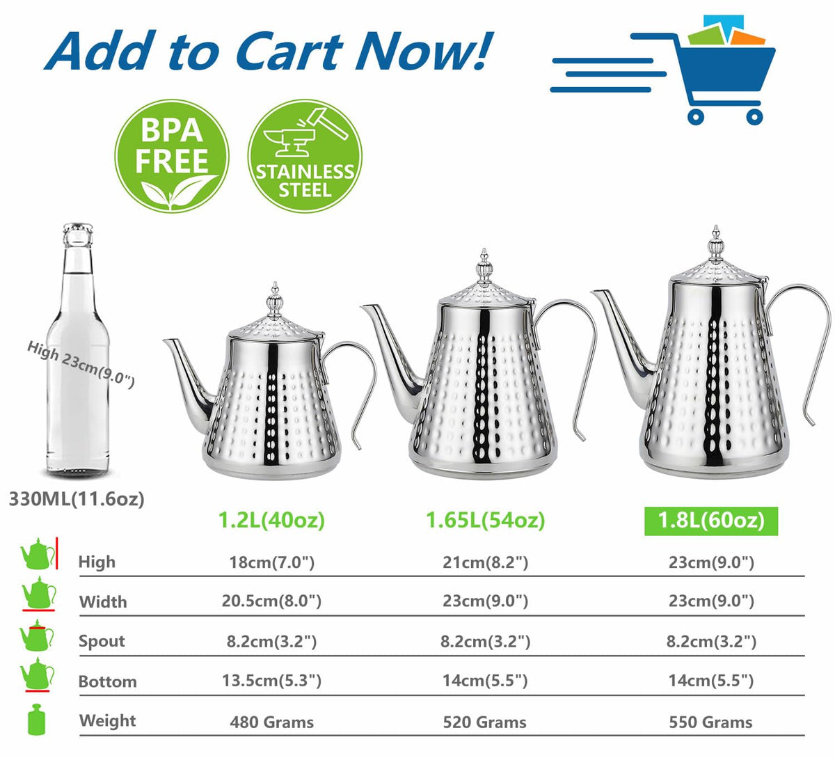 1.8L(60oz) Stainless Steel Hammer Patterned Teapot With Removeable Infuser,Loose leaf cover,Silver
