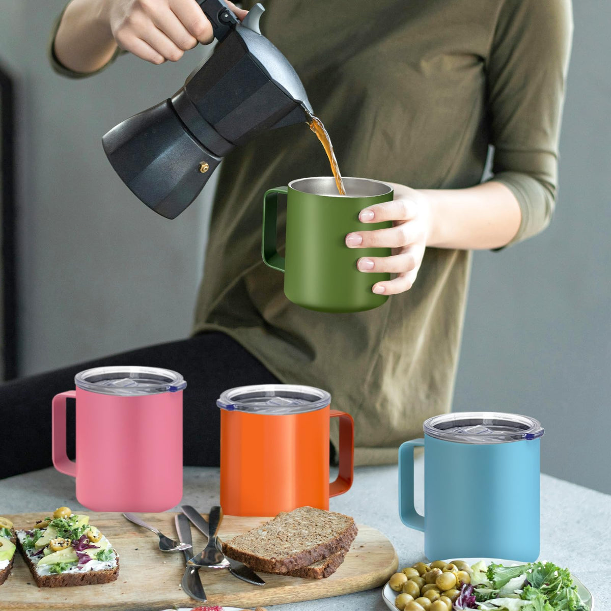 16 Pack Stainless Steel Insulated Coffee Mug Bulk with Handle & Lids (16 Count)