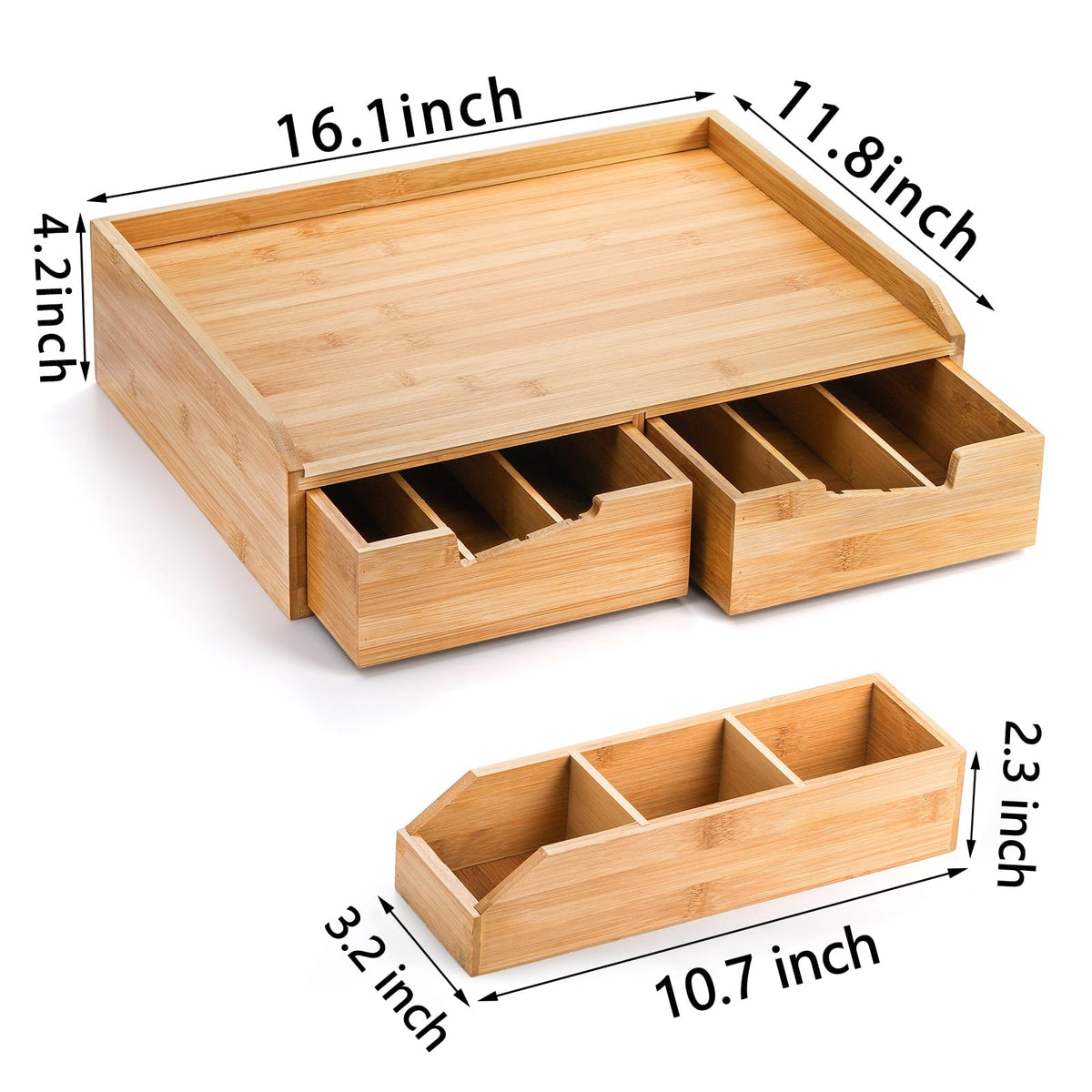 Bamboo 2 Drawer Coffee Pod Organizer with Side Box for K Cup Tea Bag