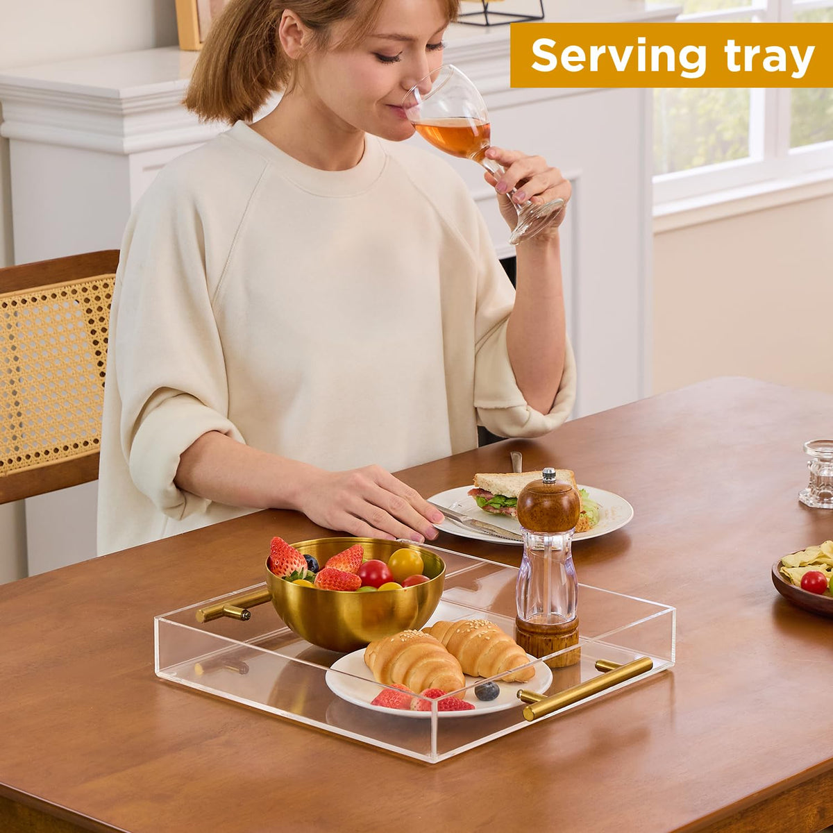 12"x12" Clear Acrylic Serving Tray with Golden Handles