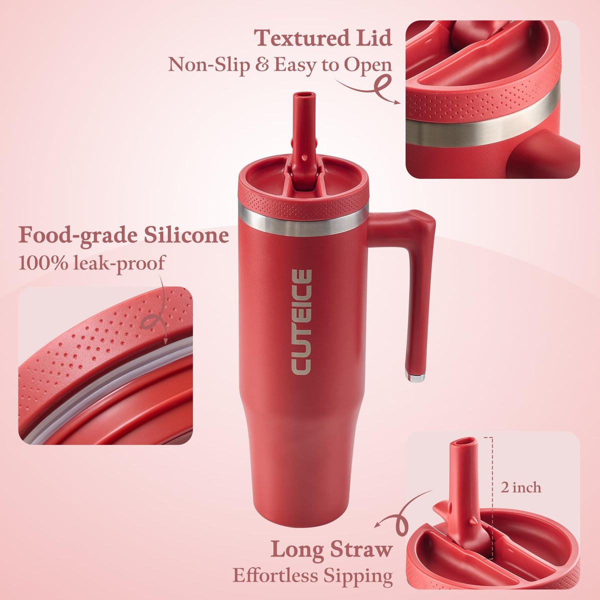Deep Red 30 oz Tumbler with Handle Coffee Tumbler Cups with Lid and Straw