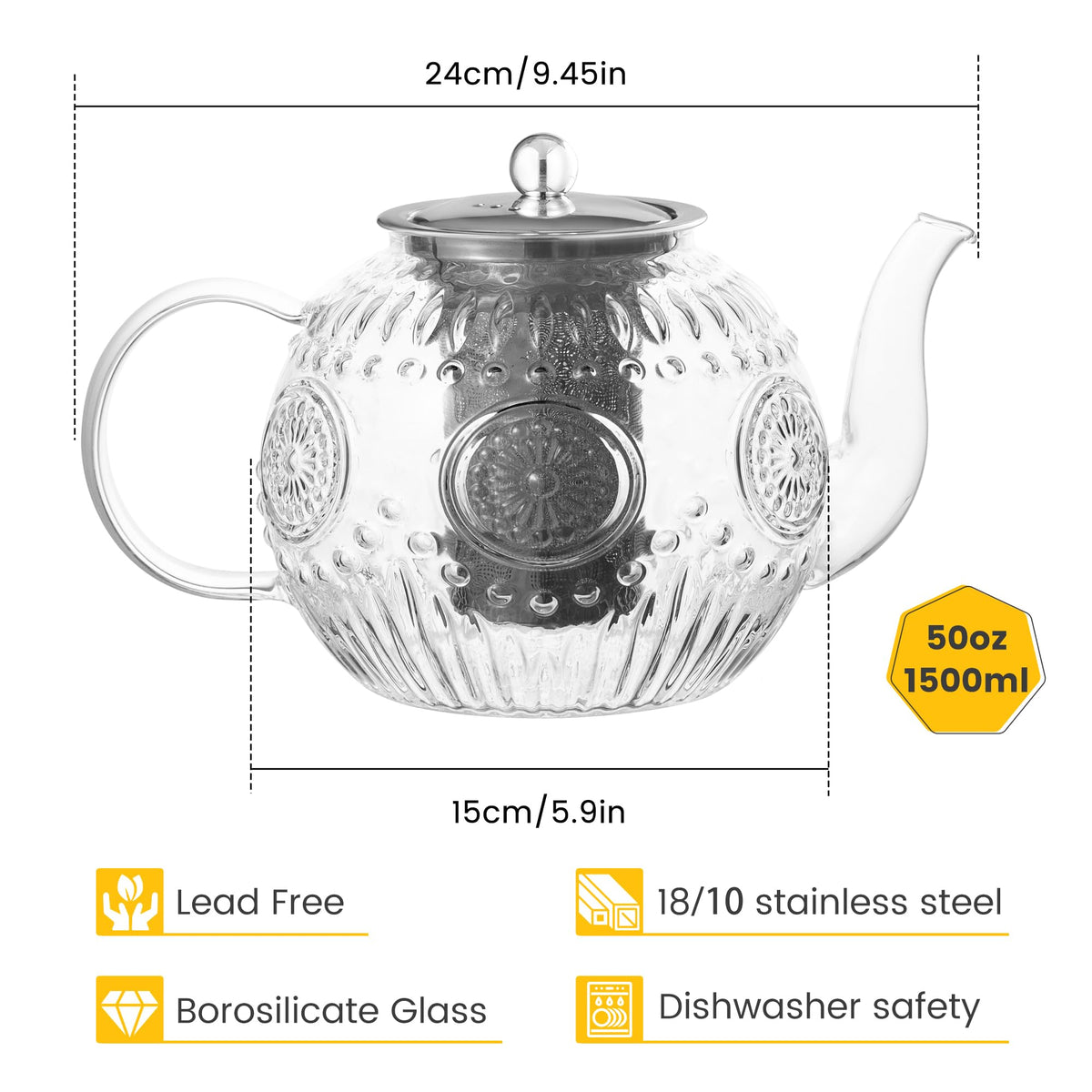 50OZ 1500ml Vintage Glass Teapot with Removable Infuser