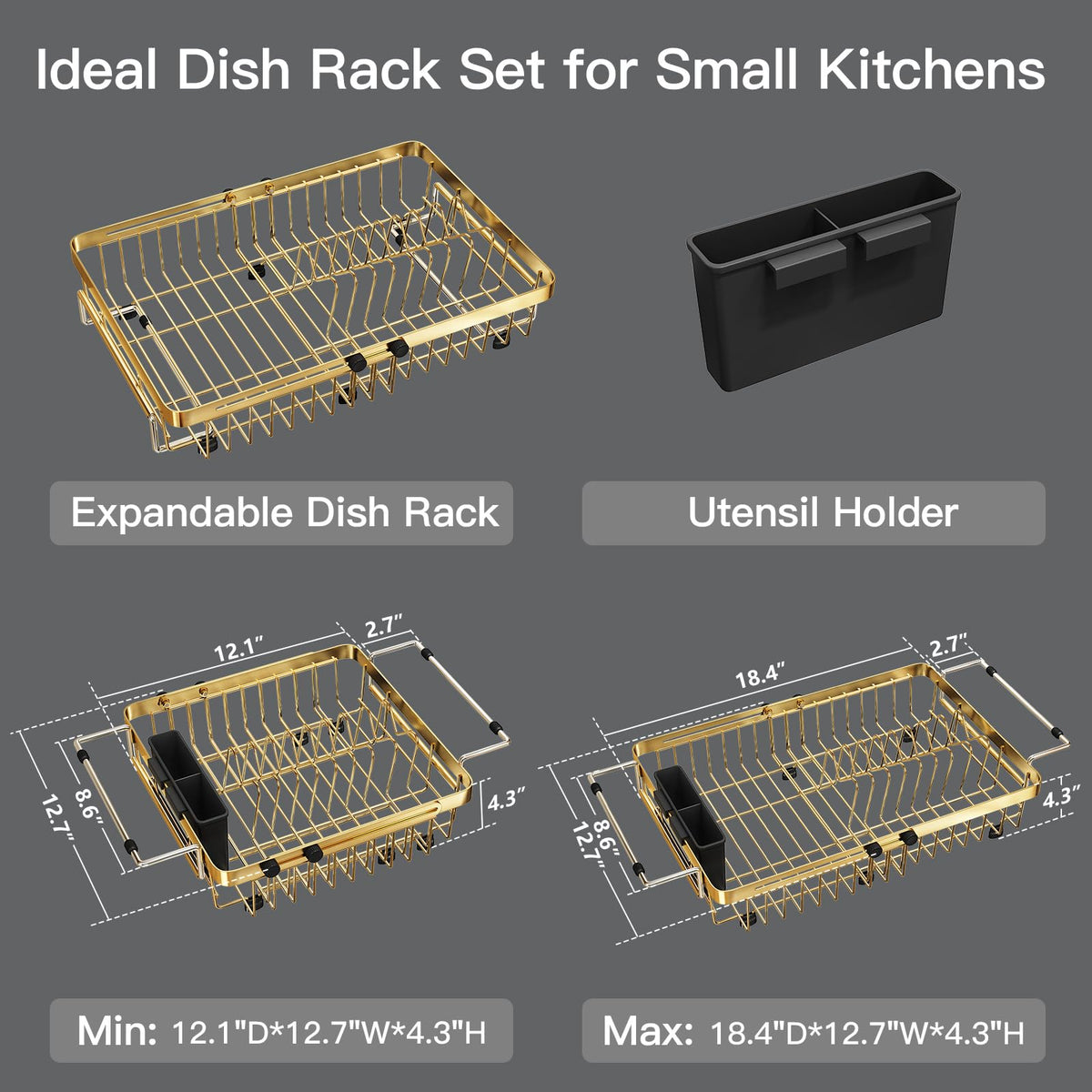 Gold Dish Drying Rack Over The Sink with Utensil Holder