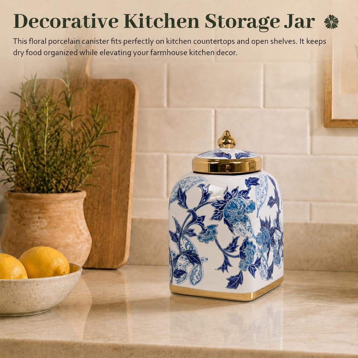 Blue and White Ceramic Tea Canister with Airtight Lid