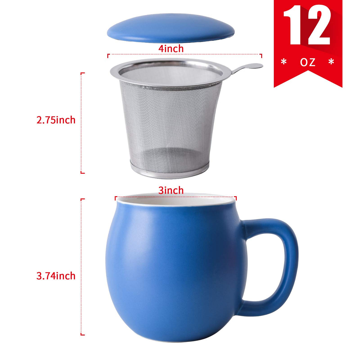 12 OZ Matte Blue Ceramics Teacup with Infuser and Lid