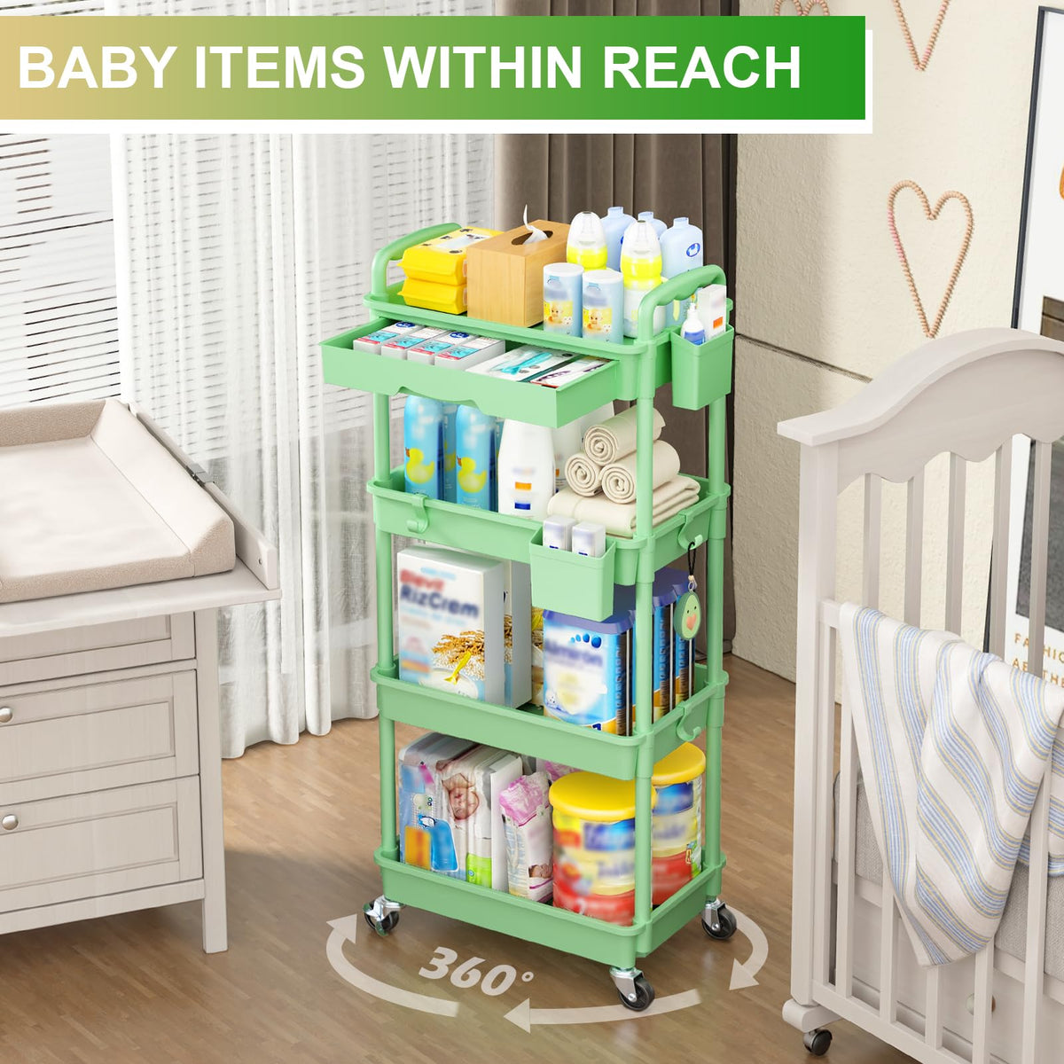 4 Tier Rolling Utility Cart Organizer with Removable Drawer
