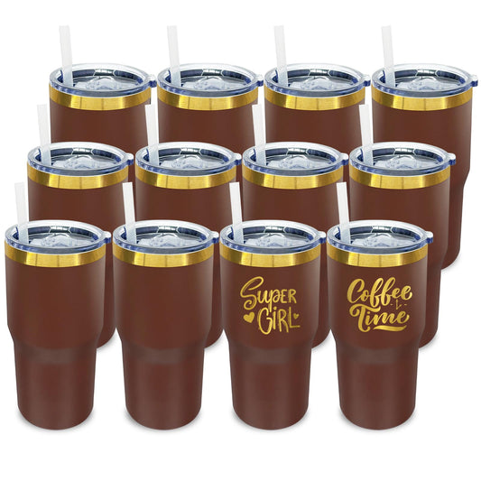 20 oz Tumbler Bulk Stainless Steel Tumblers with Lids and Straws Brown (12 Count)