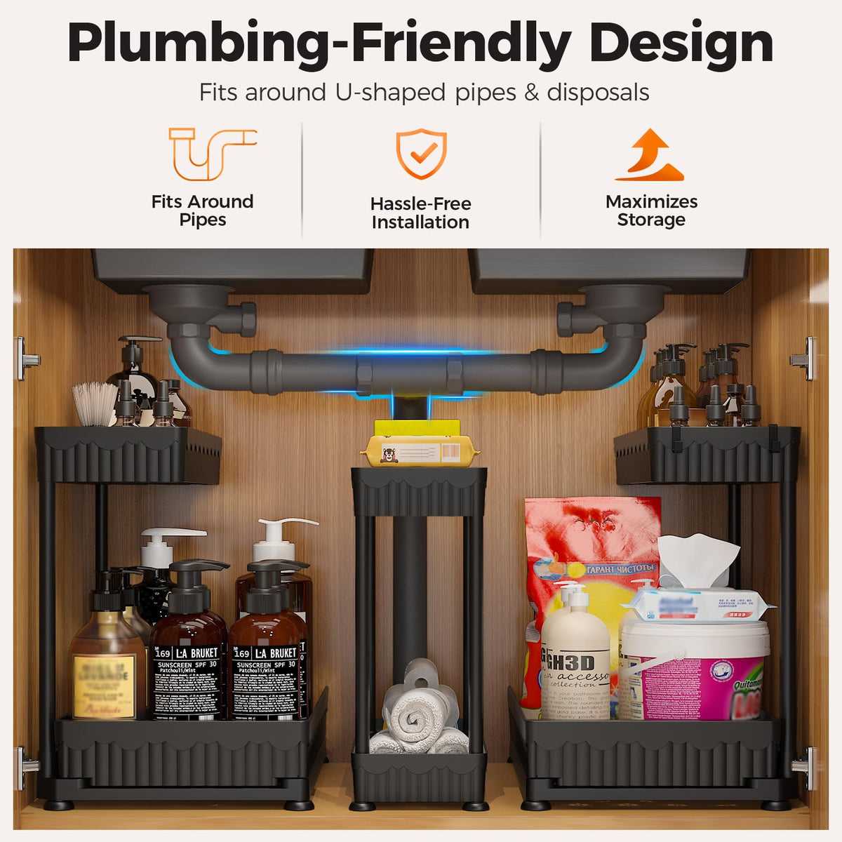 3-Pack 2-Tier L-Shaped Under Sink Organizers with Sliding Drawers (3 Count)