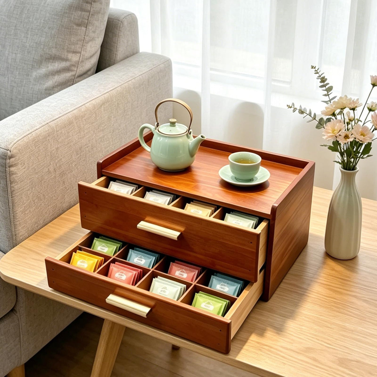 Wood Tea Bag Organizer with Mat Wood Tea Storage Bag Double