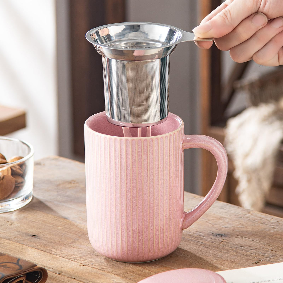 15.5oz 470ml Flambe Pink Ceramics Teacups with Infuser and Lid