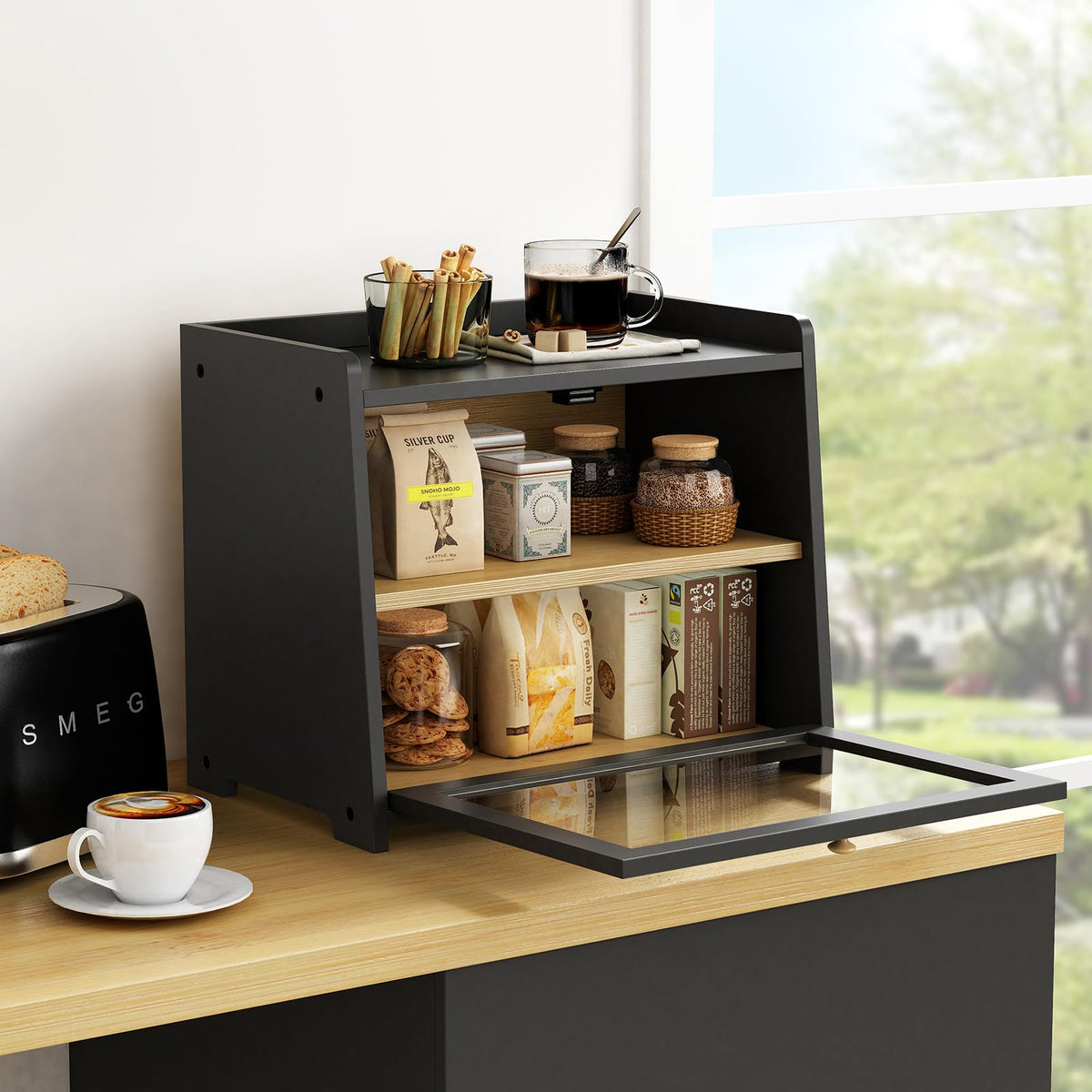 2 Tier Bread Box for Kitchen Countertop Black