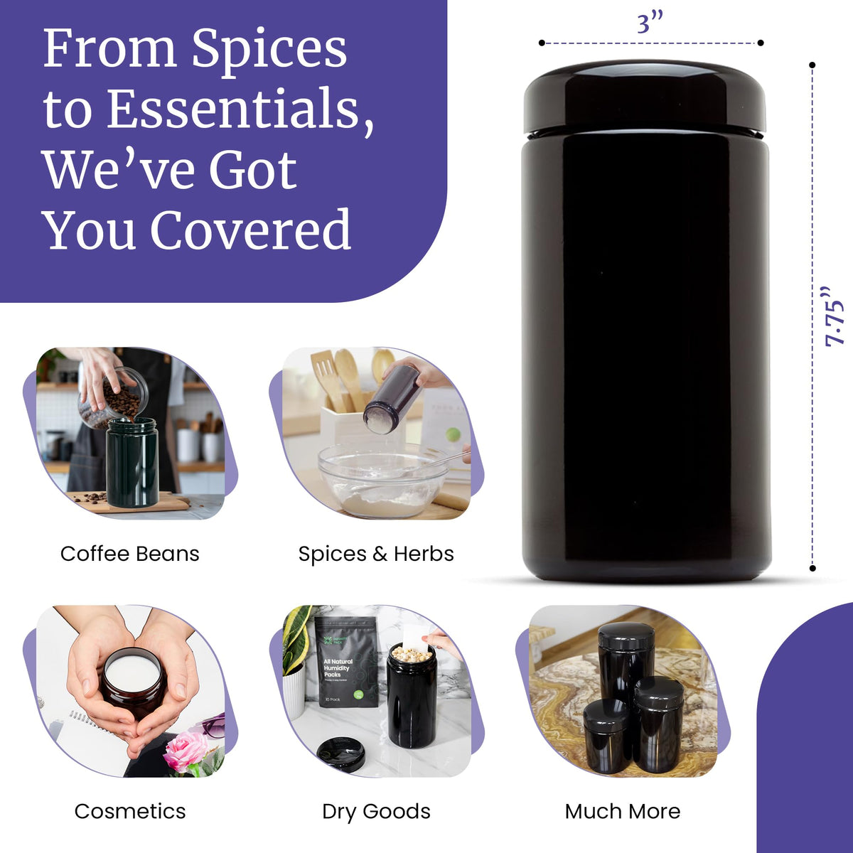 1 L (34 fl oz) Pack 3, Premium Airtight Ultraviolet Glass Jar Smell Proof, Antistatic, Light Blocking Container for Herbs, Coffee, Tea & Spices Durable, Travel-Friendly Storage (3 Count)