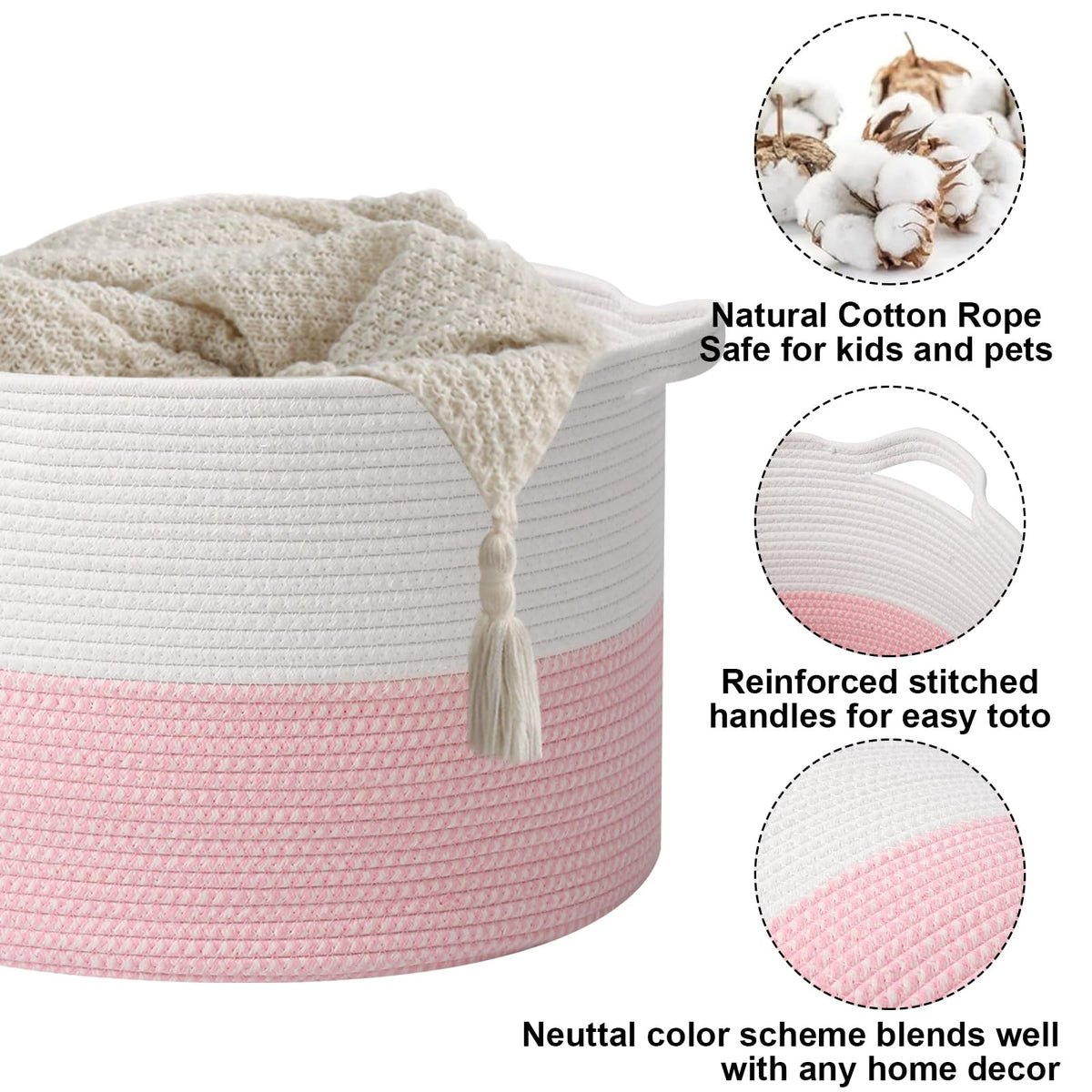 90L Extra Large Pink Woven Cotton Rope Basket with Handles